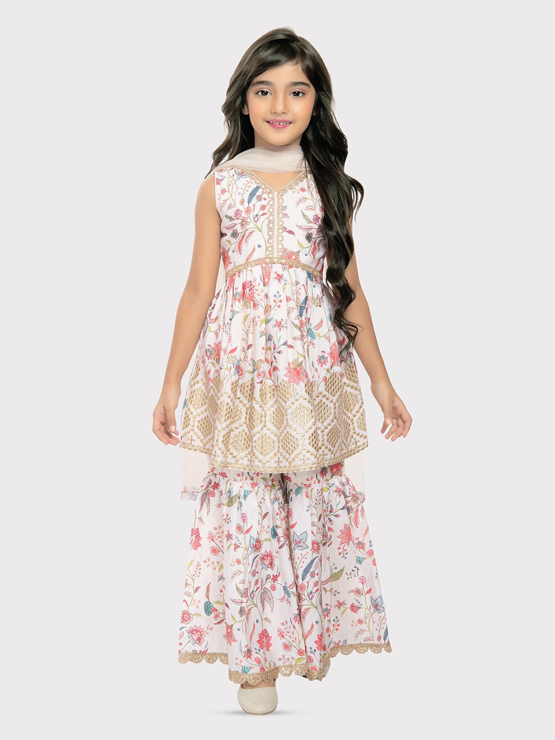 

Tiny Kingdom Girls Floral Printed A-Line Zari Kurta With Sharara & Dupatta, White