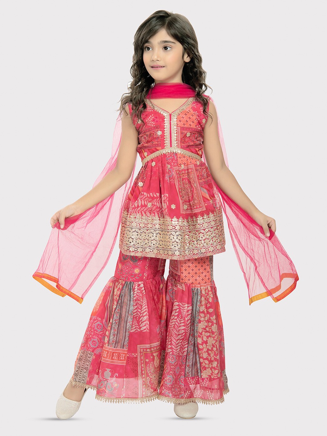 

Tiny Kingdom Girls Ethnic Motifs Printed A-Line Kurta & Sharara With Dupatta, Red