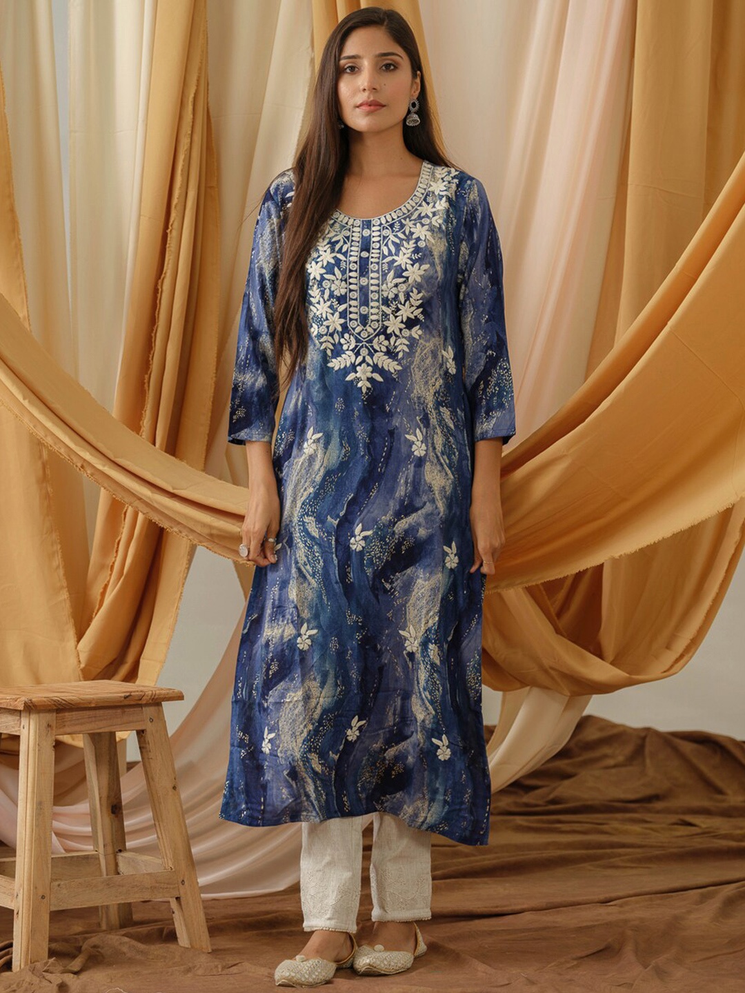 

Sangria Abstract Printed Straight Kurta, Blue