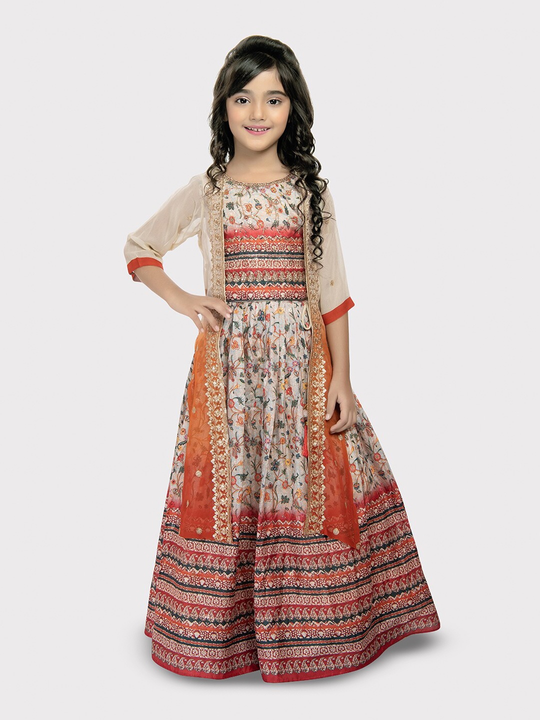 

Tiny Kingdom Girls Floral Printed Sequinned Ready to Wear Lehenga Choli With Jacket, Cream