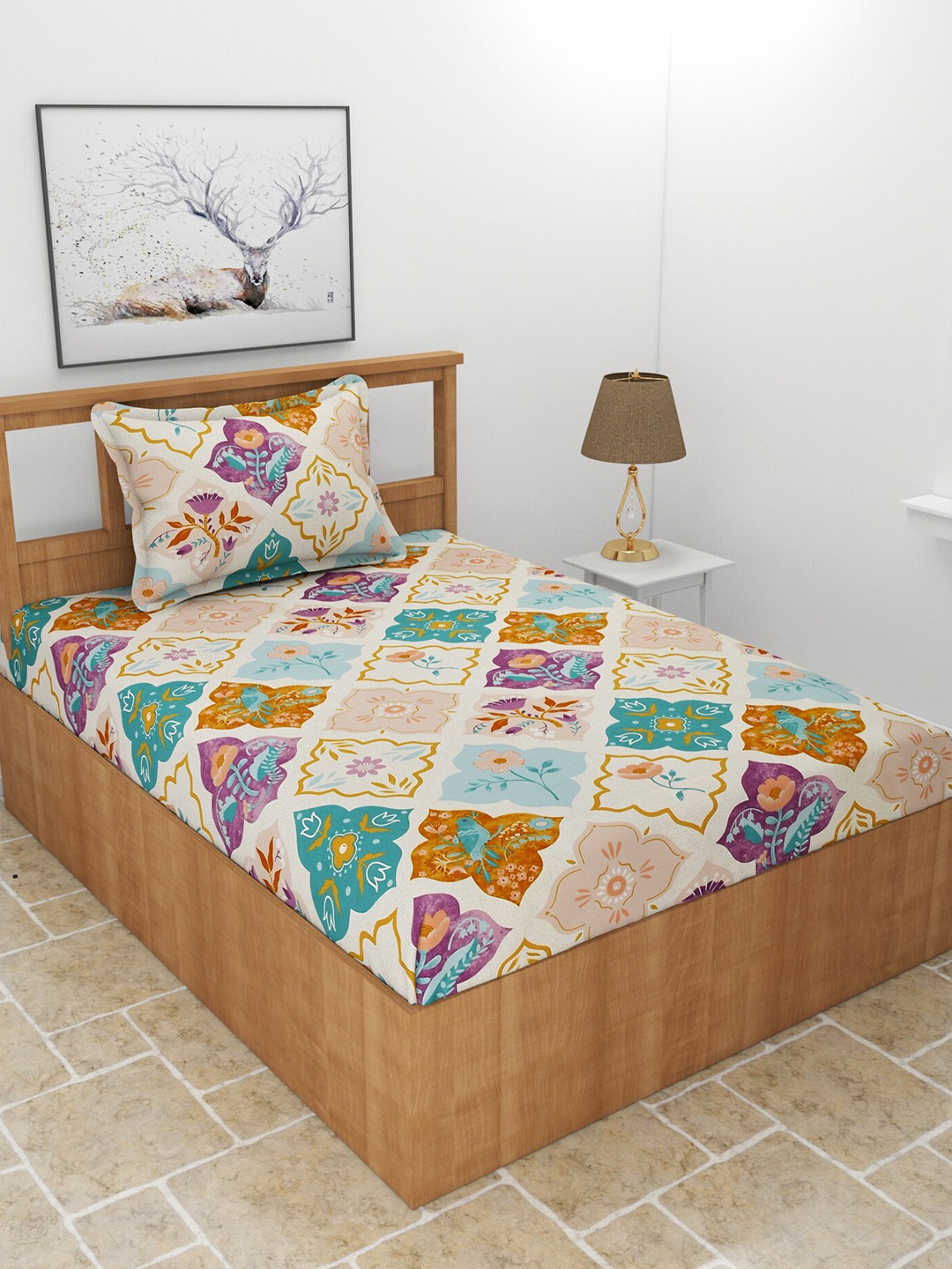 

MORADO Purple & Beige Ethnic Motifs 210 TC Single Bedsheet With 1 Pillow Cover