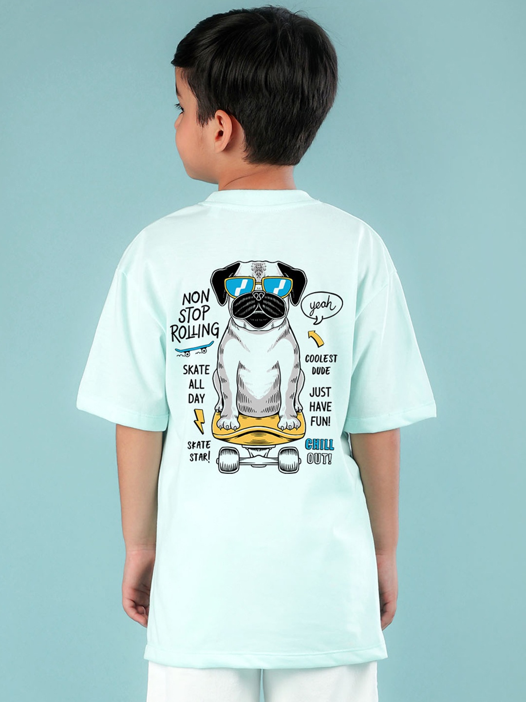 NUSYL Boys Graphic Printed Drop-Shoulder Sleeves Oversized T-shirt, Blue