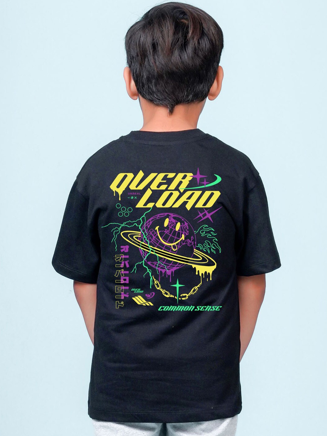 

NUSYL Boys Graphic Printed Drop-Shoulder Sleeves Oversized T-shirt, Black