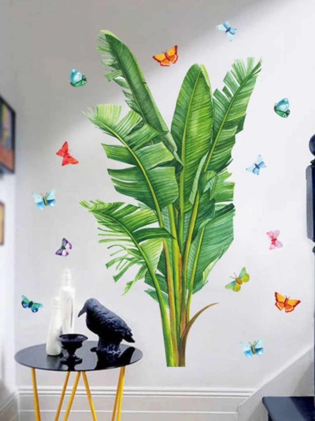 Jaamso Royals Green Tropical Palm Leaf Plants Printed Self Adhesive Wall Sticker