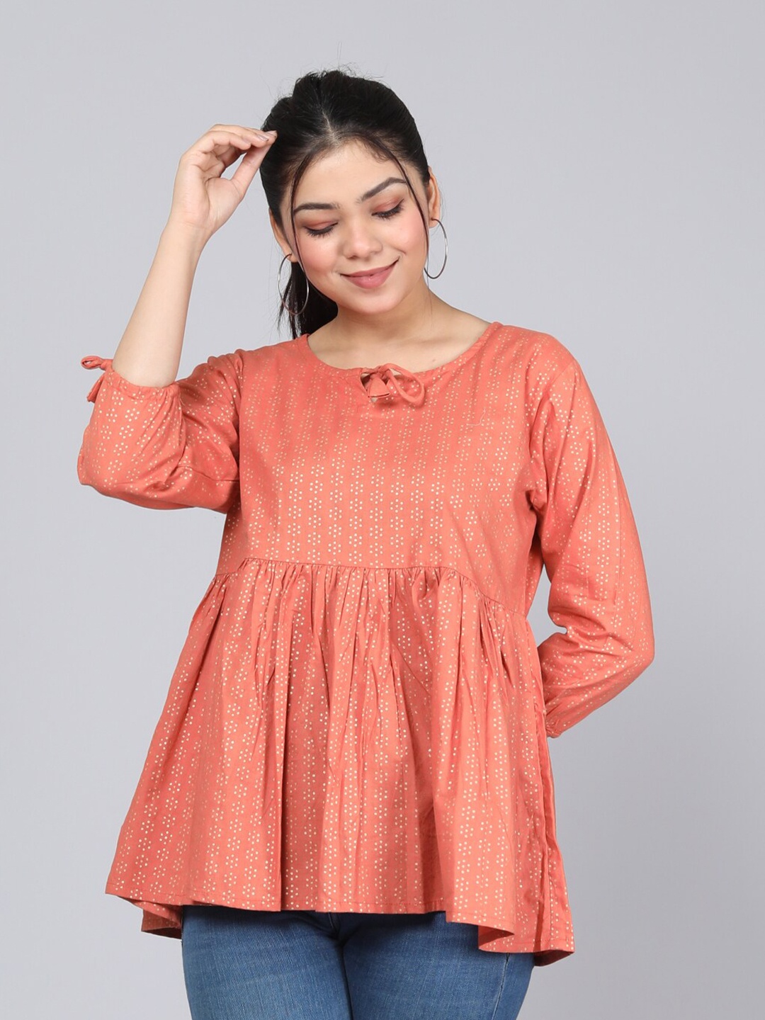 

KALINI Ethnic Motifs Printed Tie-Up Neck A-Line Top, Orange