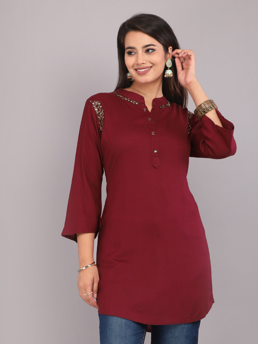 

KALINI Ethnic Motifs Embellished Beads and Stones Kurtis, Maroon