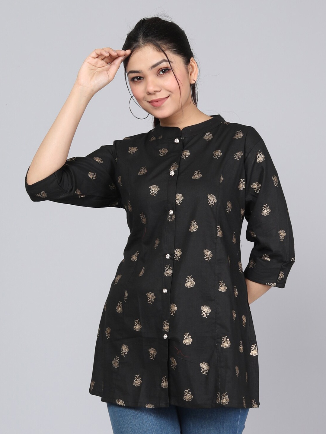

KALINI Ethnic Motifs Printed Mandarin Collar Tunic, Black