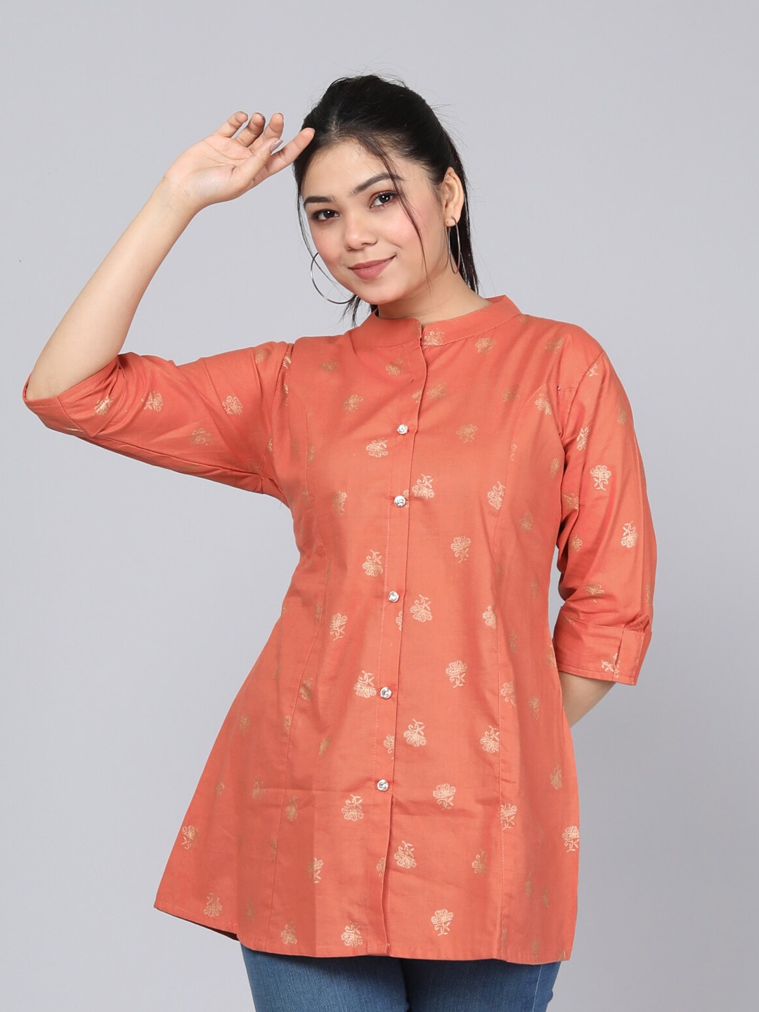 

KALINI Ethnic Motifs Printed Mandarin Collar Tunic, Orange