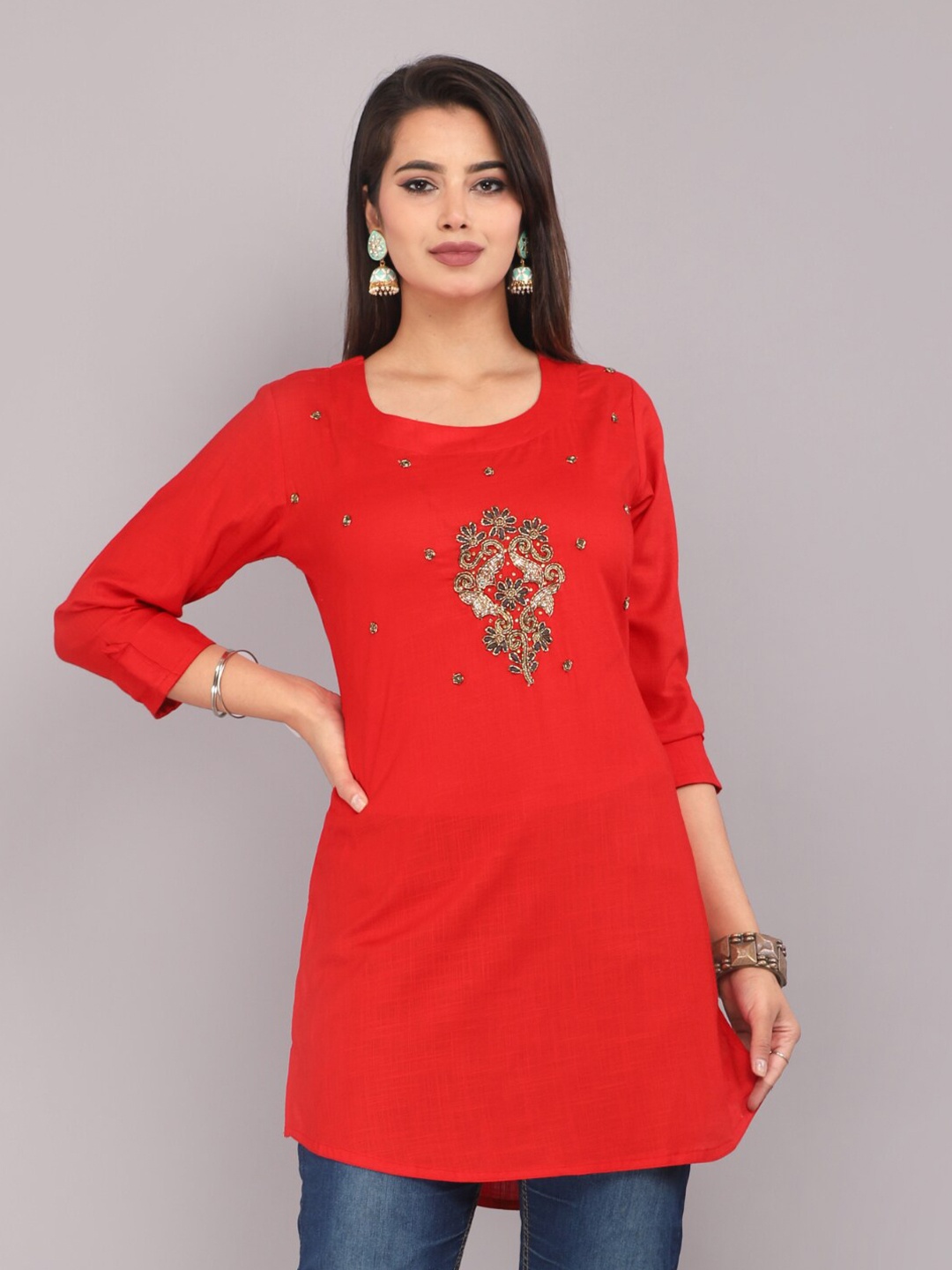 

KALINI Ethnic Motifs Embellished Beads and Stones Kurtis, Red