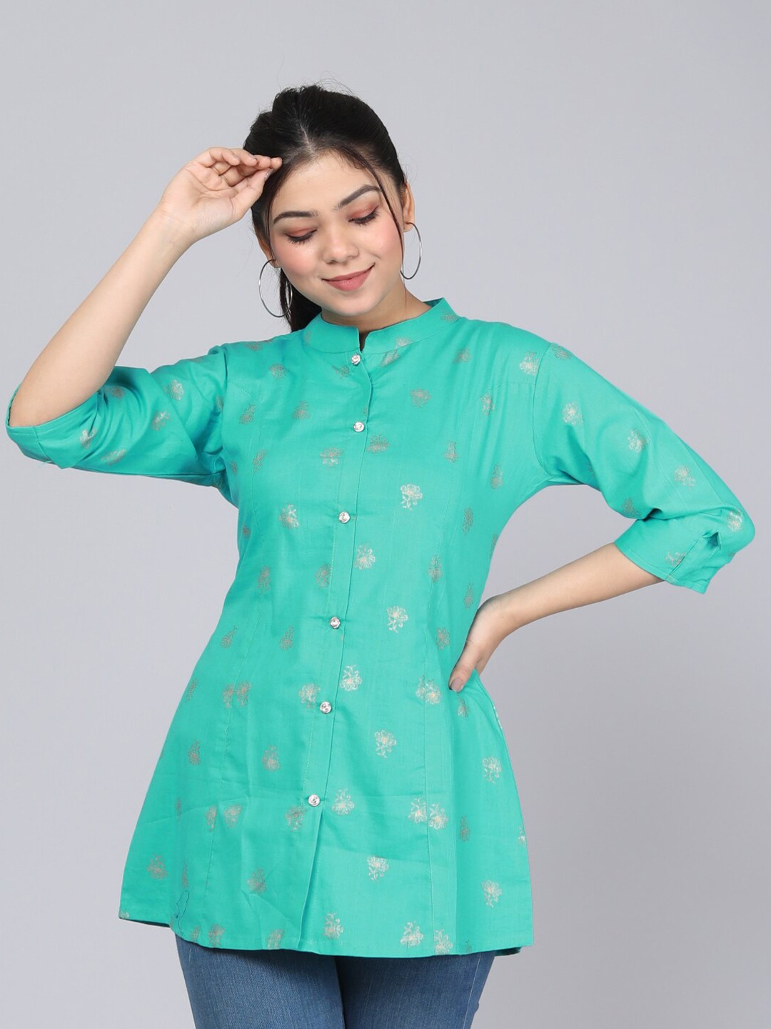 

KALINI Ethnic Motifs Printed Mandarin Collar Tunic, Green