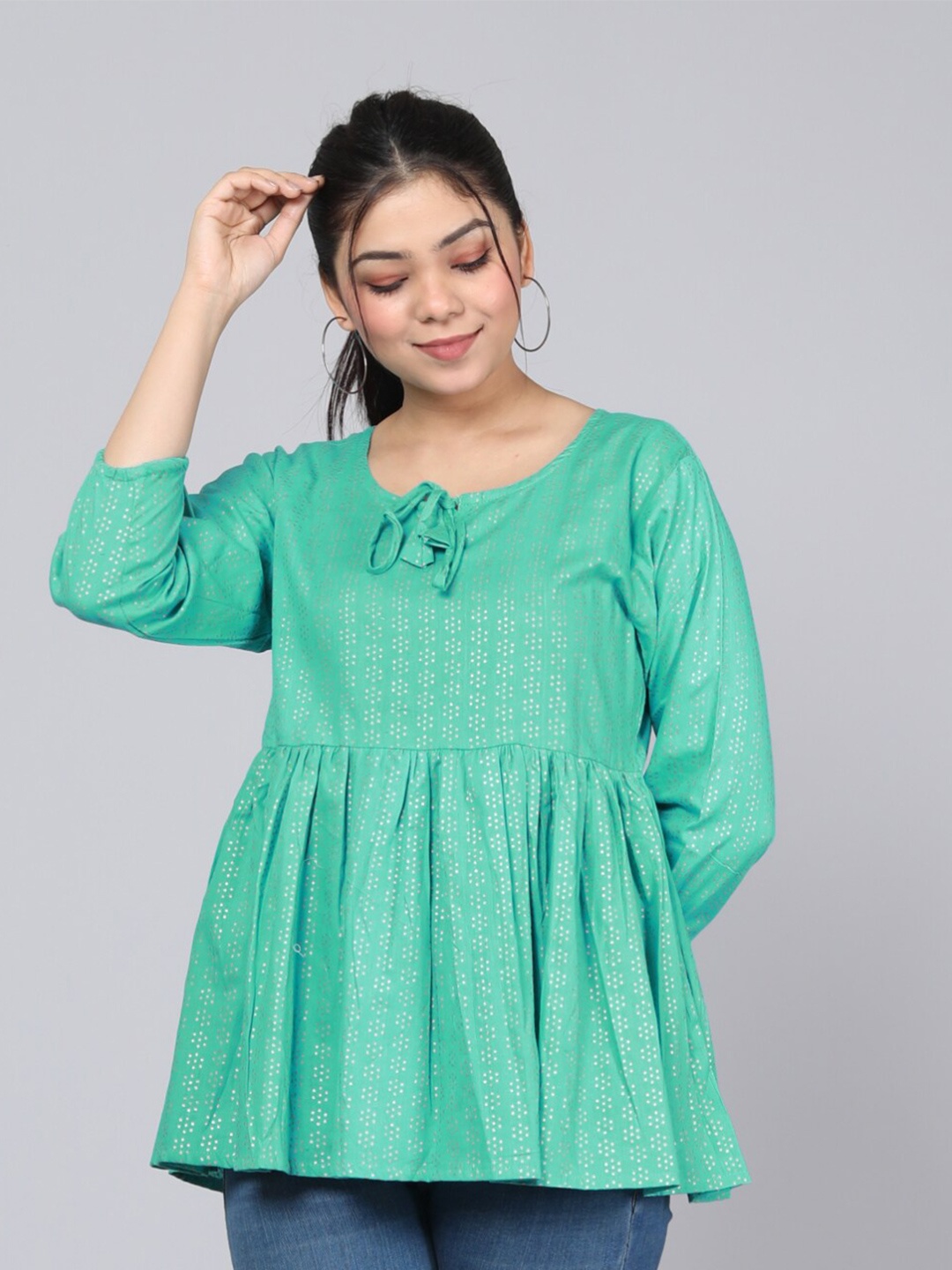 

KALINI Polka Dot Printed A-Line Longline Top, Green