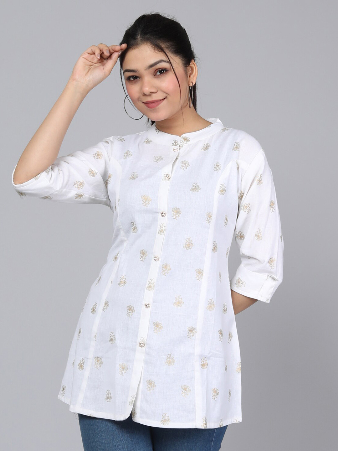 

KALINI Ethnic Motifs Printed Mandarin Collar Tunic, White