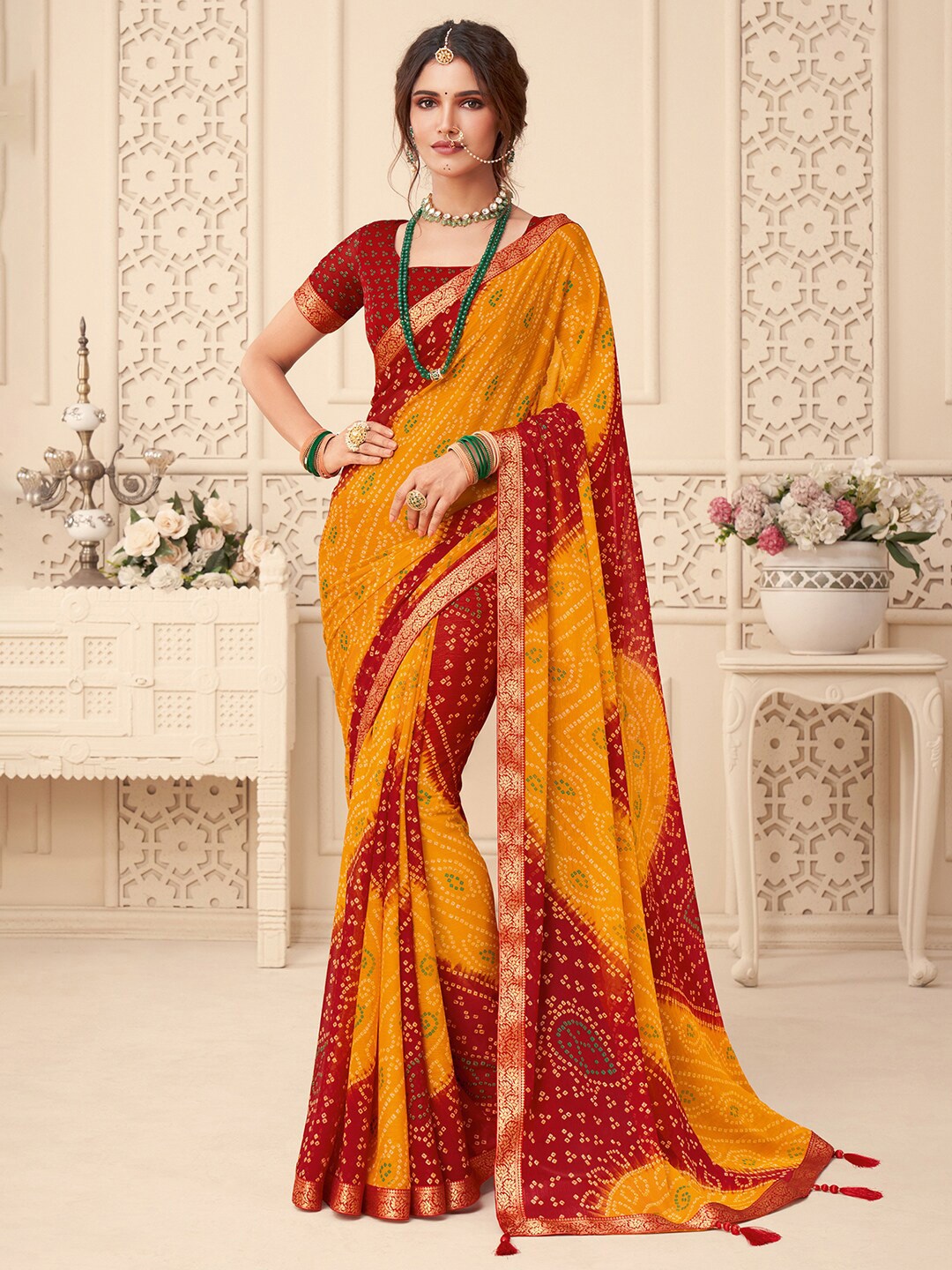 

Anouk Yellow Bandhani Printed Zari Pure Chiffon Bandhani Saree