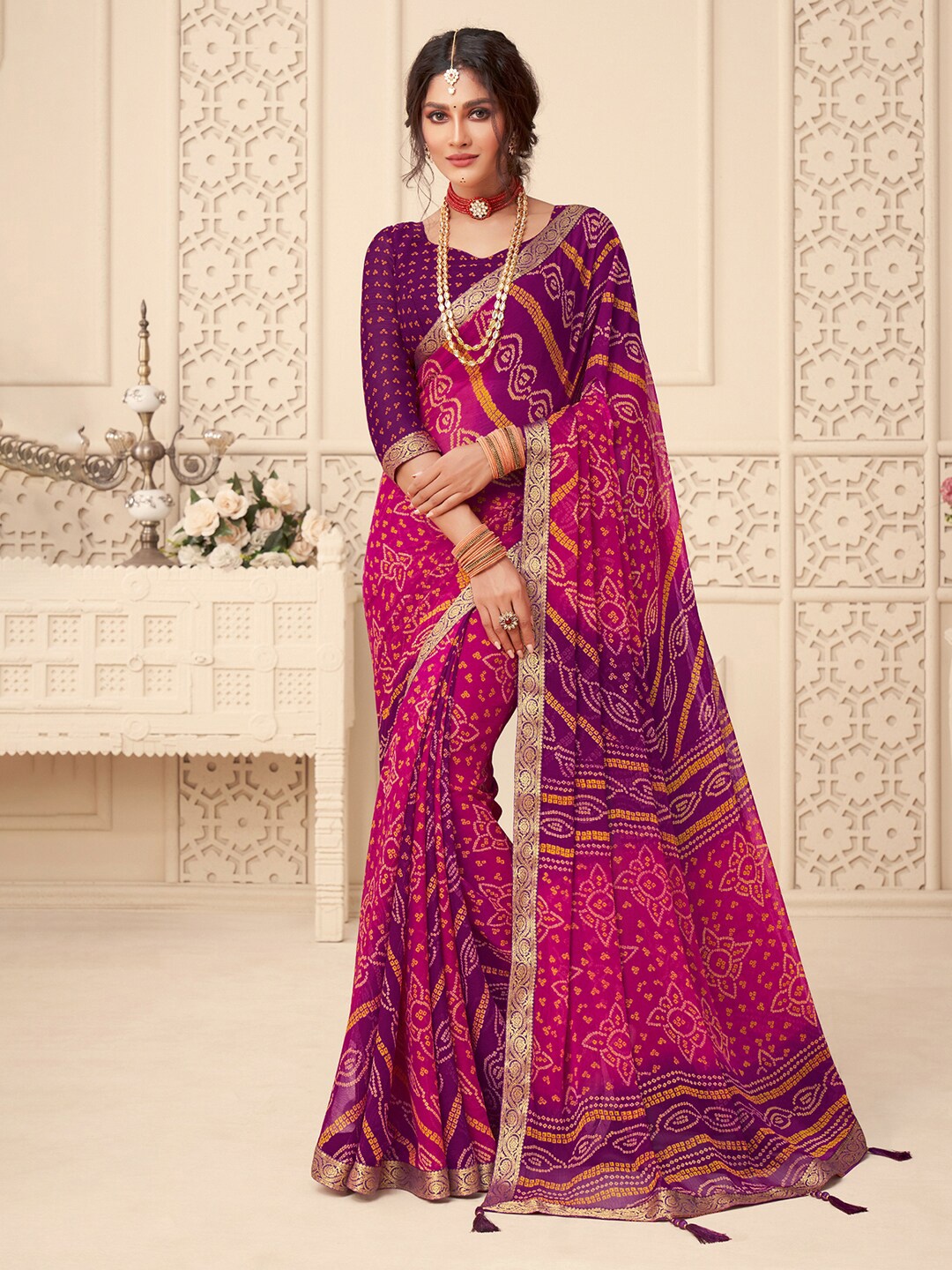 

Anouk Pink & Purple Bandhani Printed Zari Pure Chiffon Bandhani Saree