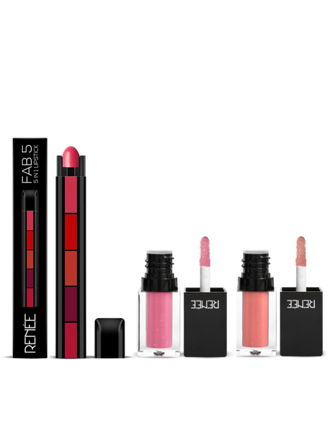 

Renee Set of Fab 5 5in1 Lipstick & 2 See Me Shine Lip Gloss, Pink