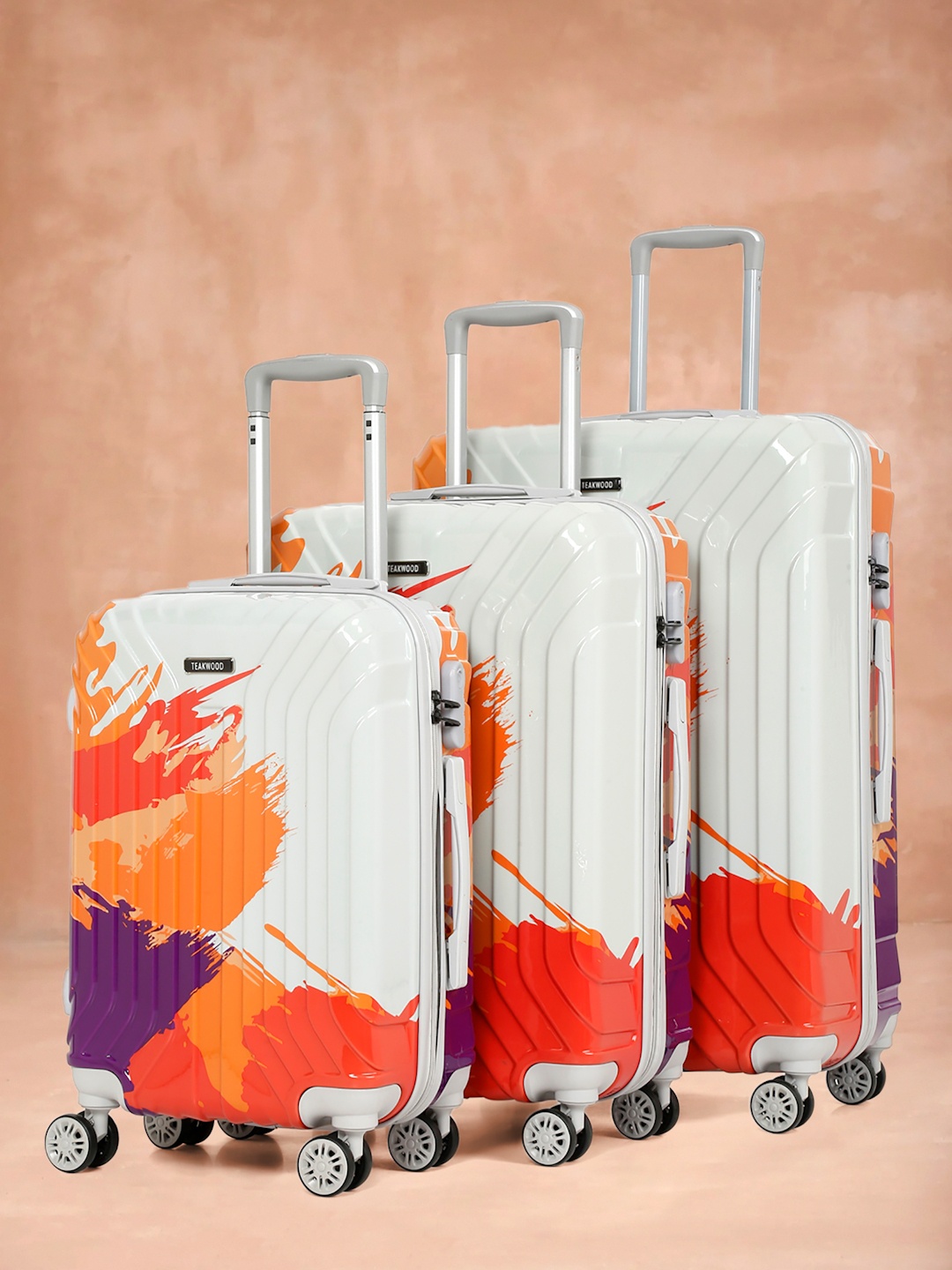 

Teakwood Leathers Set Of 3 Printed 360 Degree Rotation Hard Trolley Bag - 95.5 L, White