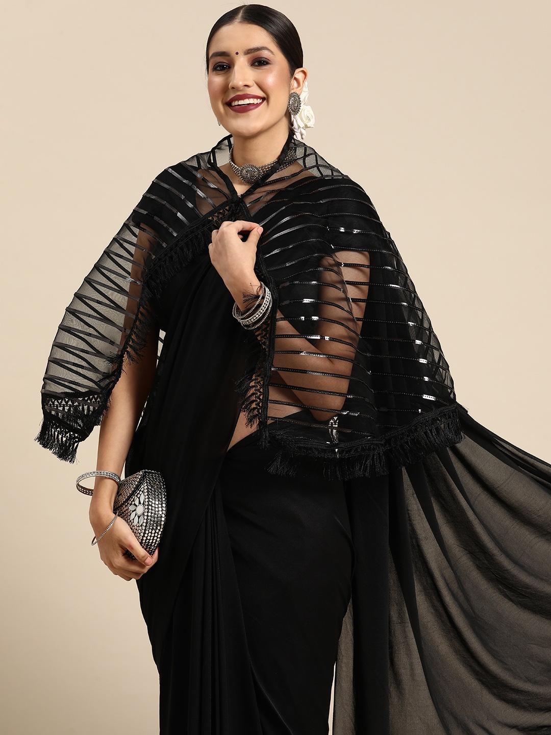 

Tikhi Imli Embroidered Satin Saree, Black