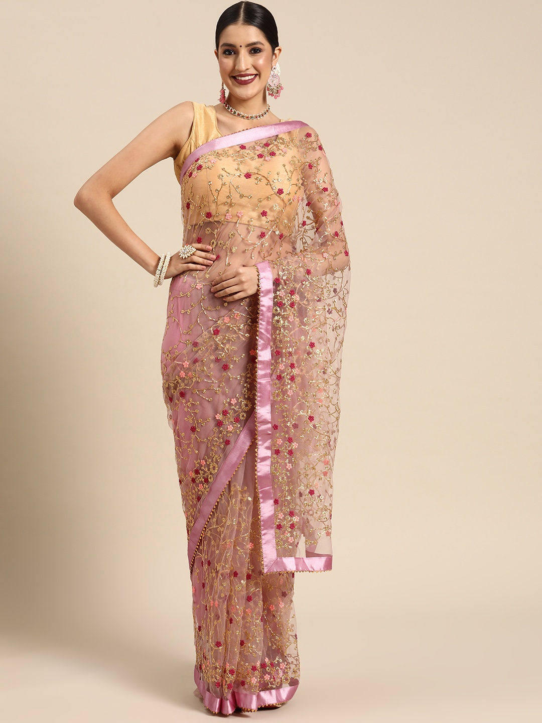 

Tikhi Imli Floral Embroidered Net Heavy Work Saree, Pink