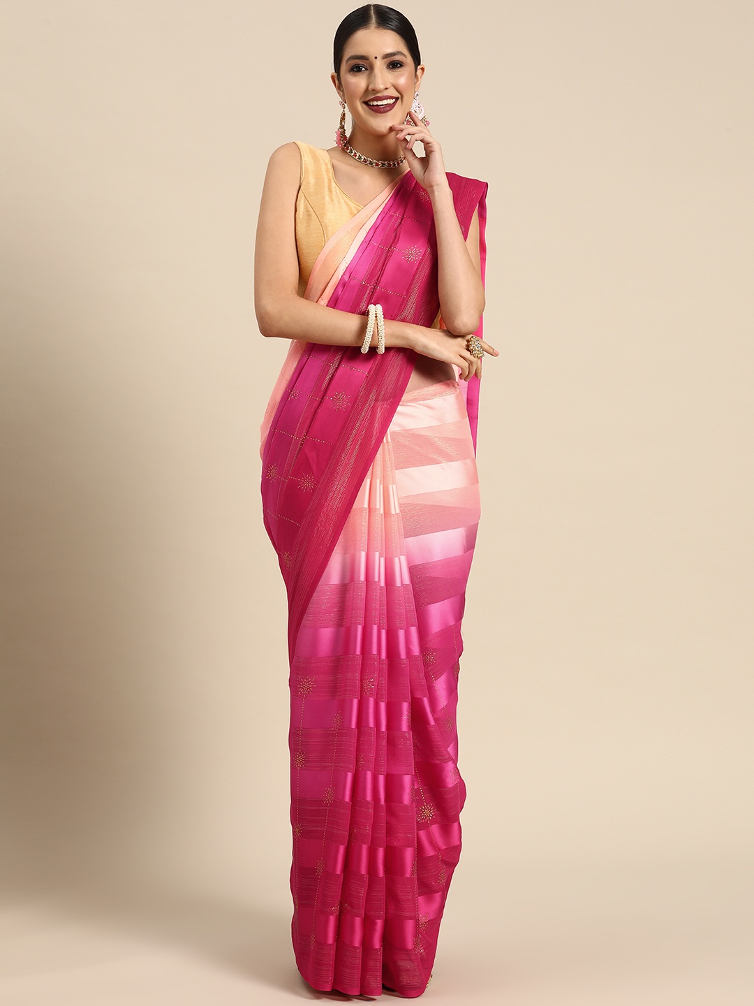 

Tikhi Imli Striped Satin Saree, Pink