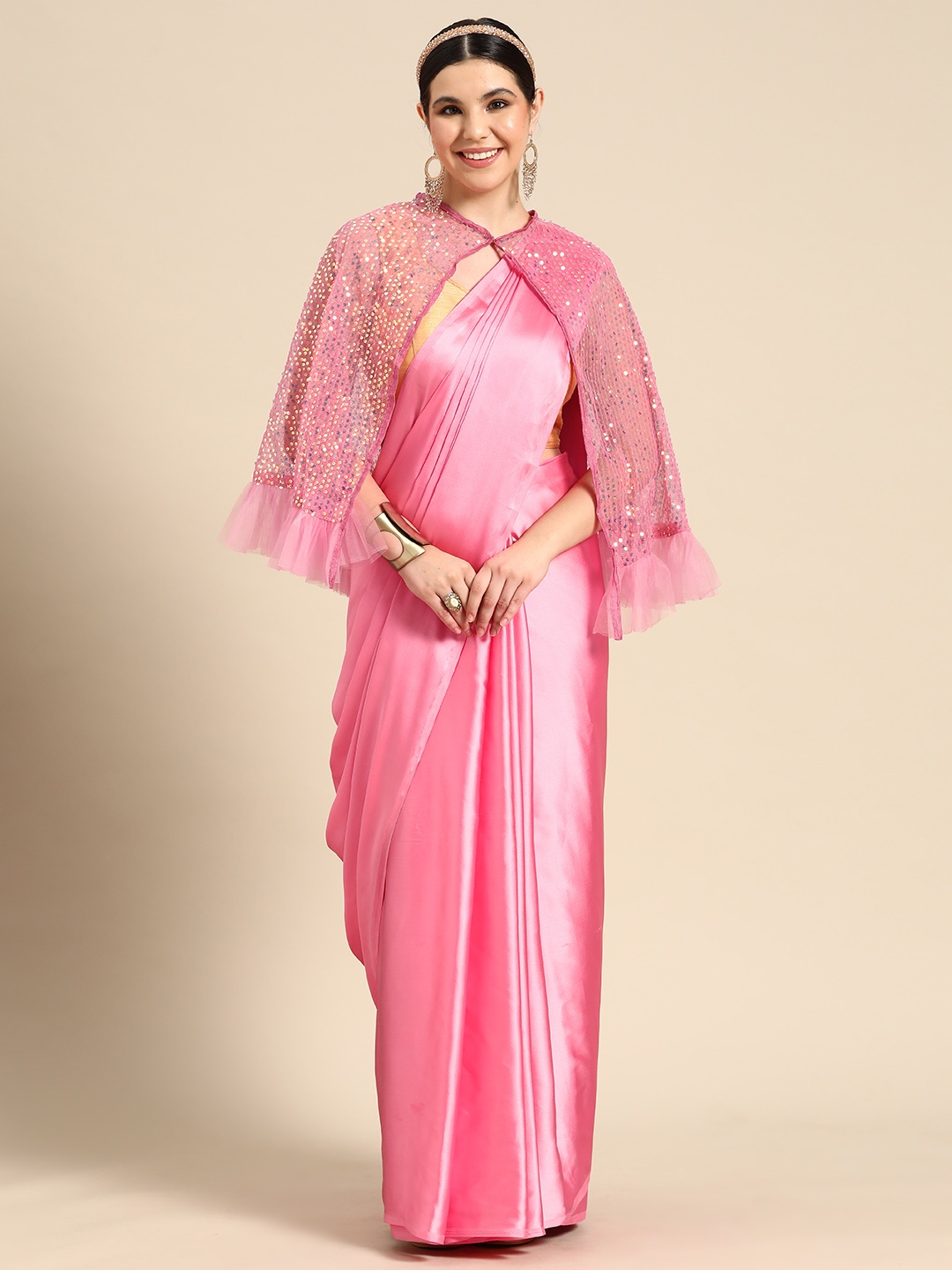 

Tikhi Imli Solid Embroidered Satin Saree, Pink