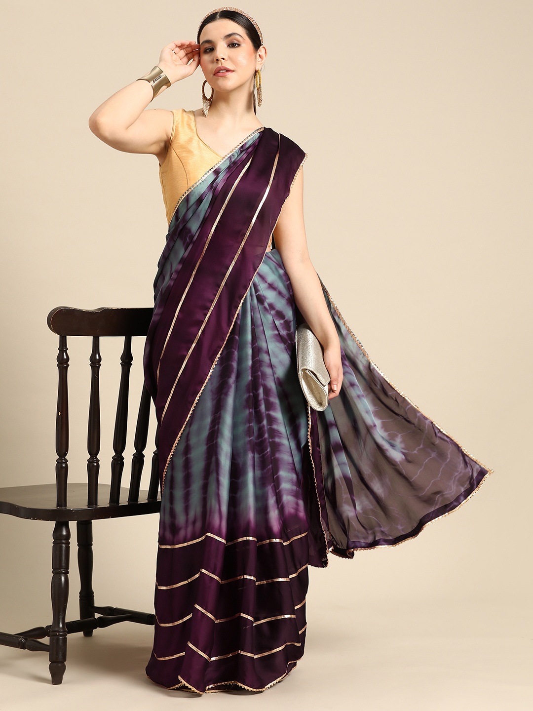 Tikhi Imli Tie & Dye Printed Gotta Patti Satin Ready to Wear Saree, Magenta