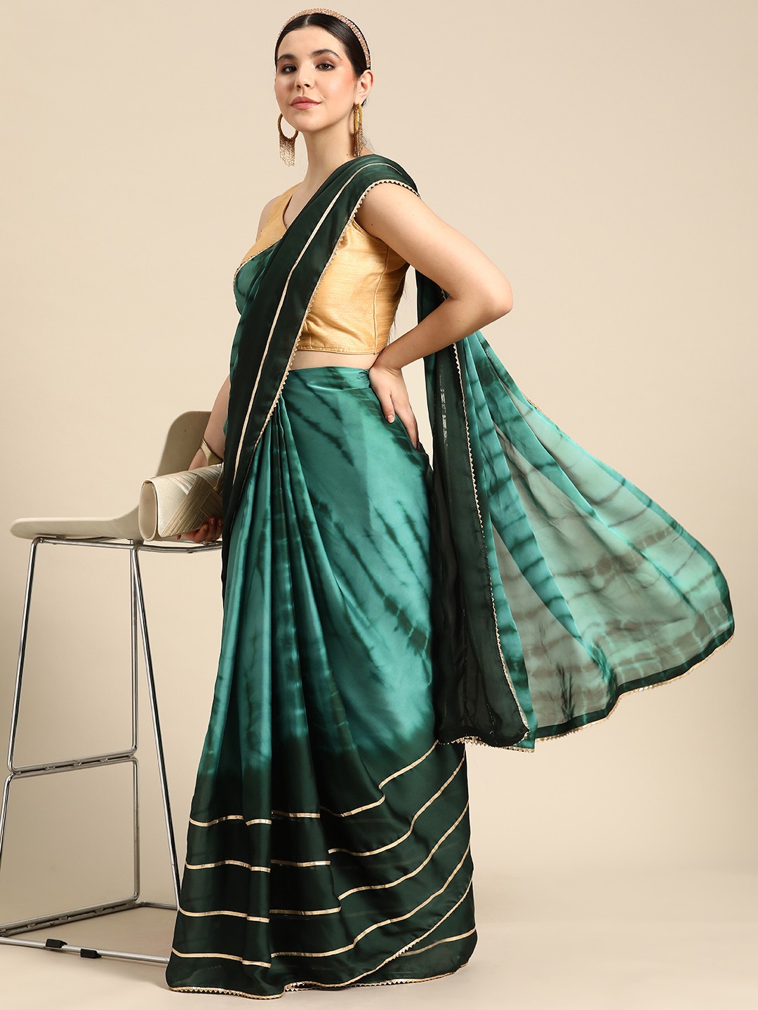 

Tikhi Imli Tie & Dye Printed Gotta Patti Satin Ready to Wear Saree, Green