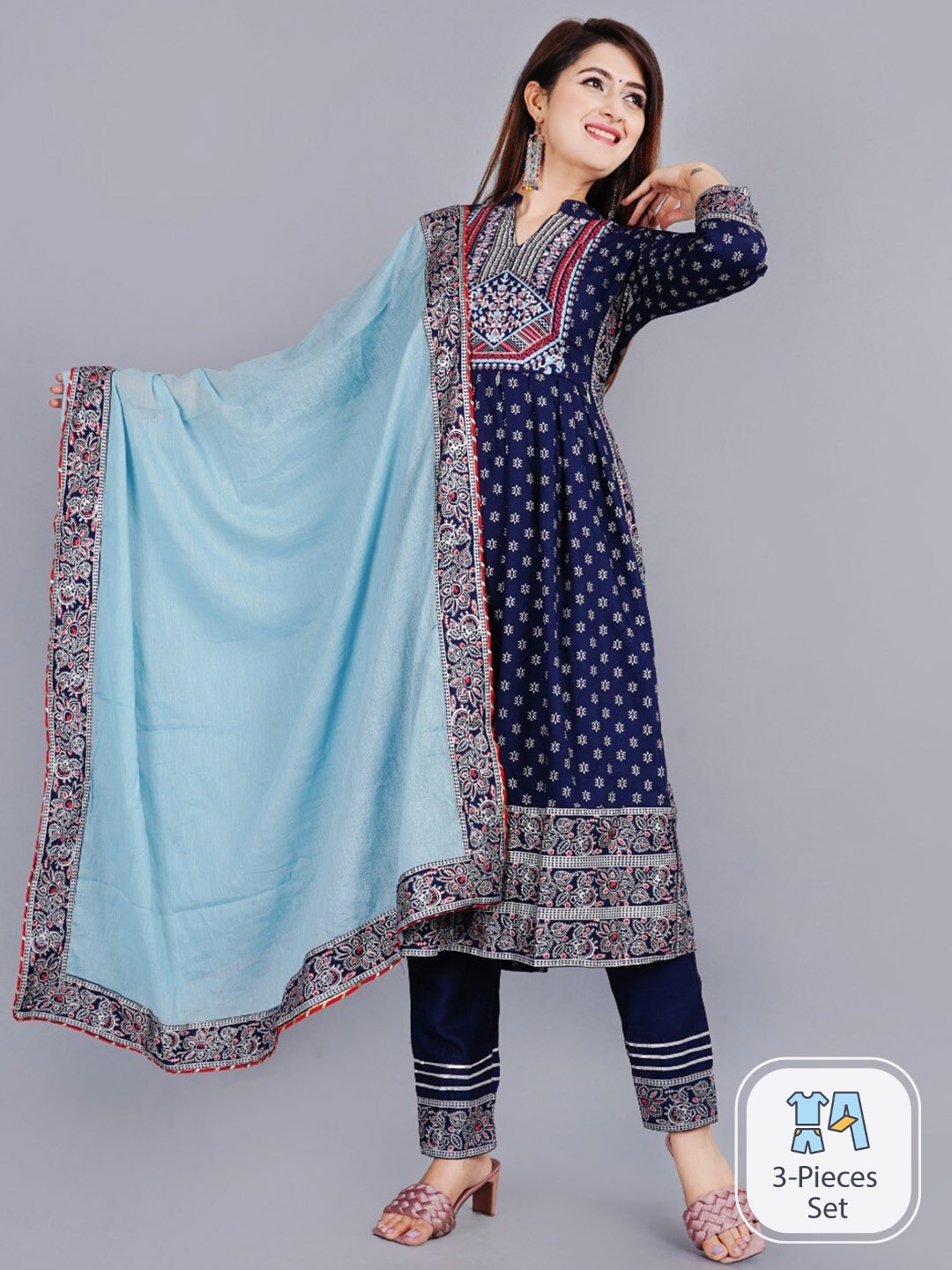 

ao services Ethnic Motifs Printed Mandarin Collar Straight Kurta & Trousers With Dupatta, Navy blue