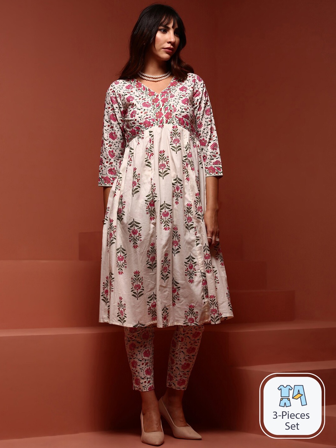 

IMARA Floral Printed Empire Pure Cotton Kurta With Trousers & Dupatta, White