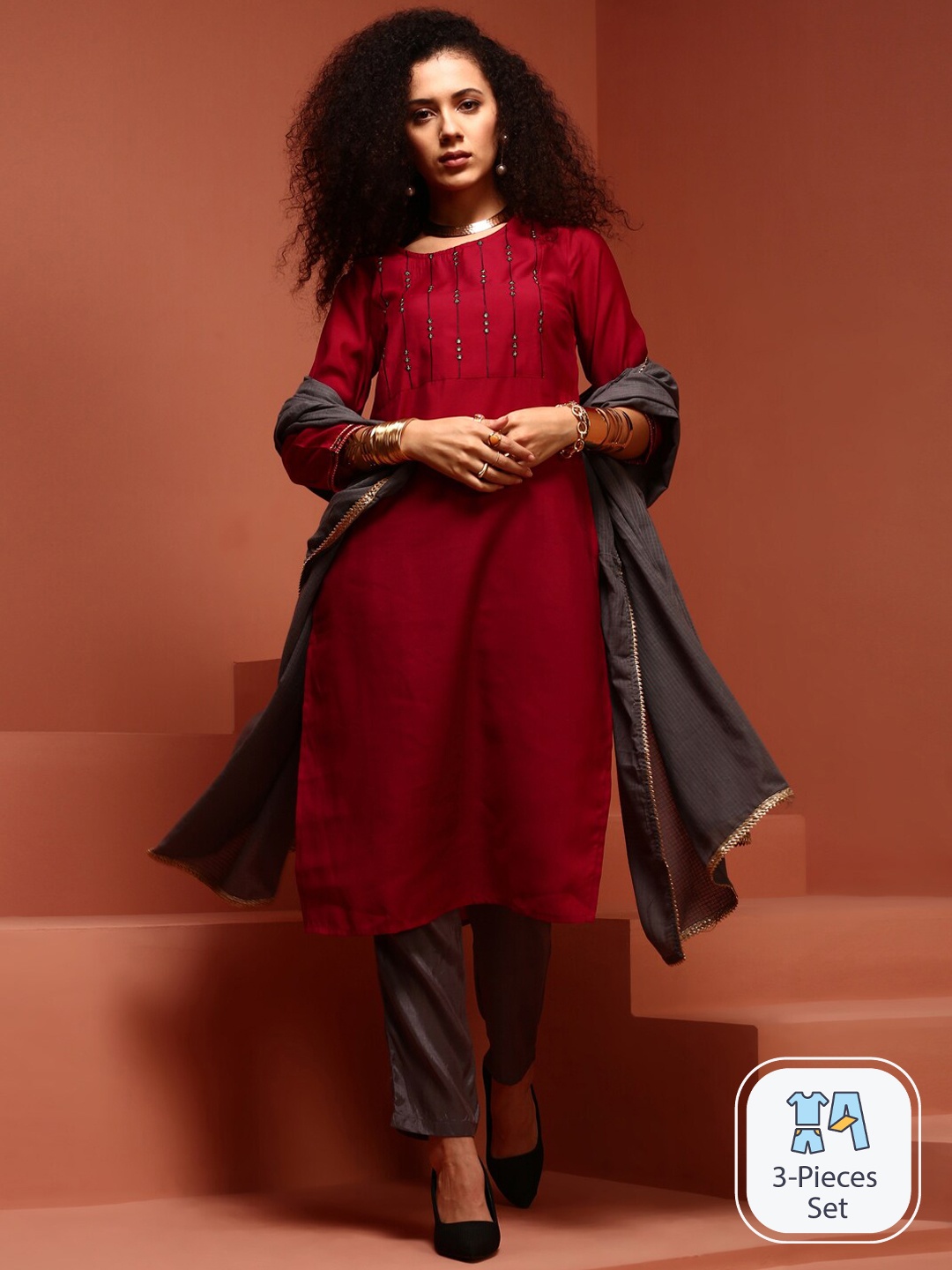 

IMARA Ethnic Motifs Embroidered Mirror Work Kurta & Trousers With Dupatta, Red