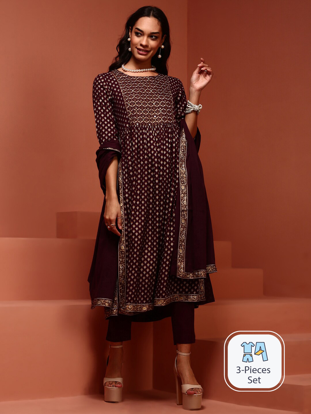 

IMARA Ethnic Motifs Printed Sequinned Kurta With Trousers & Dupatta, Purple