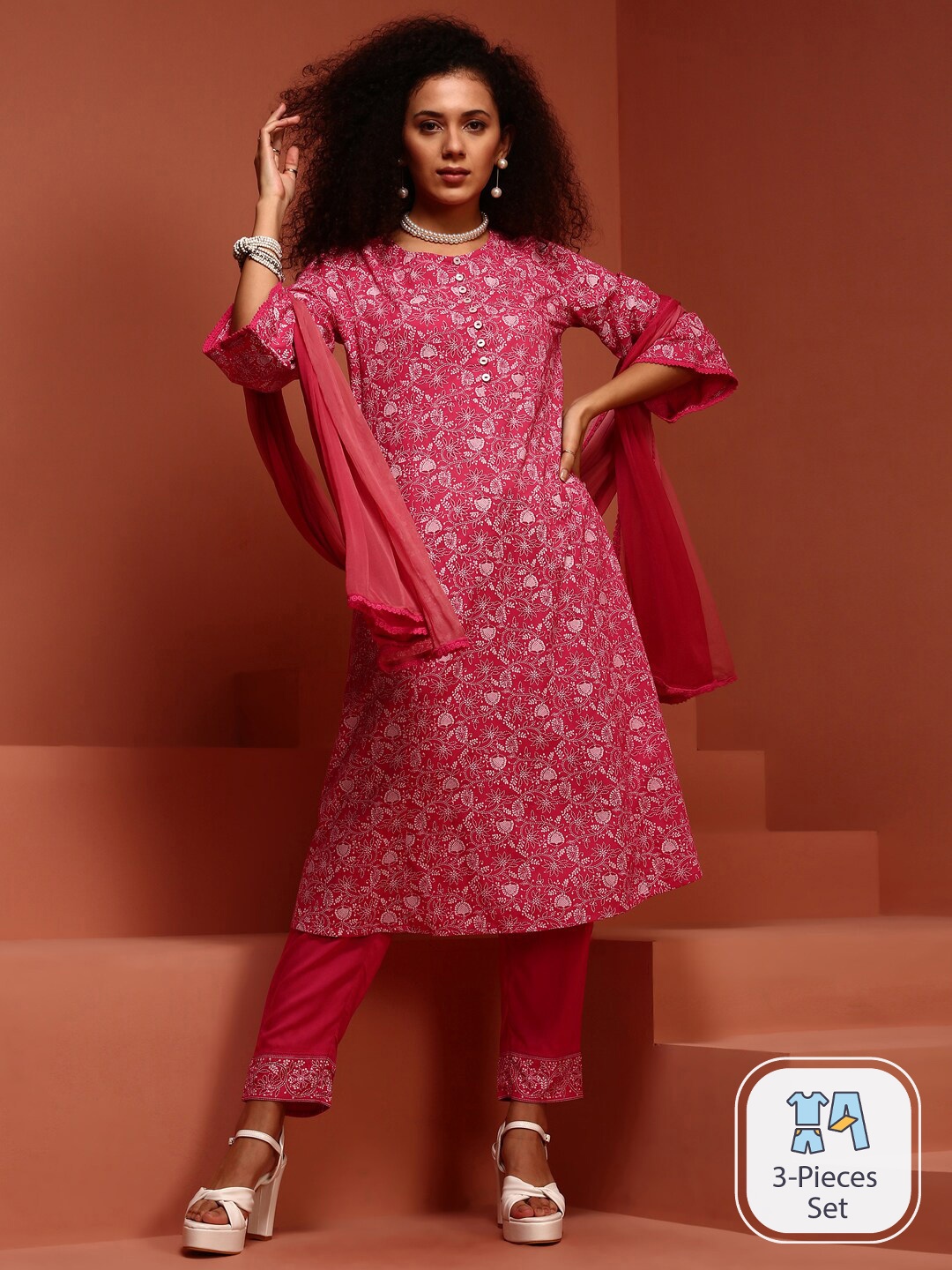 

IMARA Floral Printed Flared Sleeves A-Line Kurta & Trousers With Dupatta, Coral