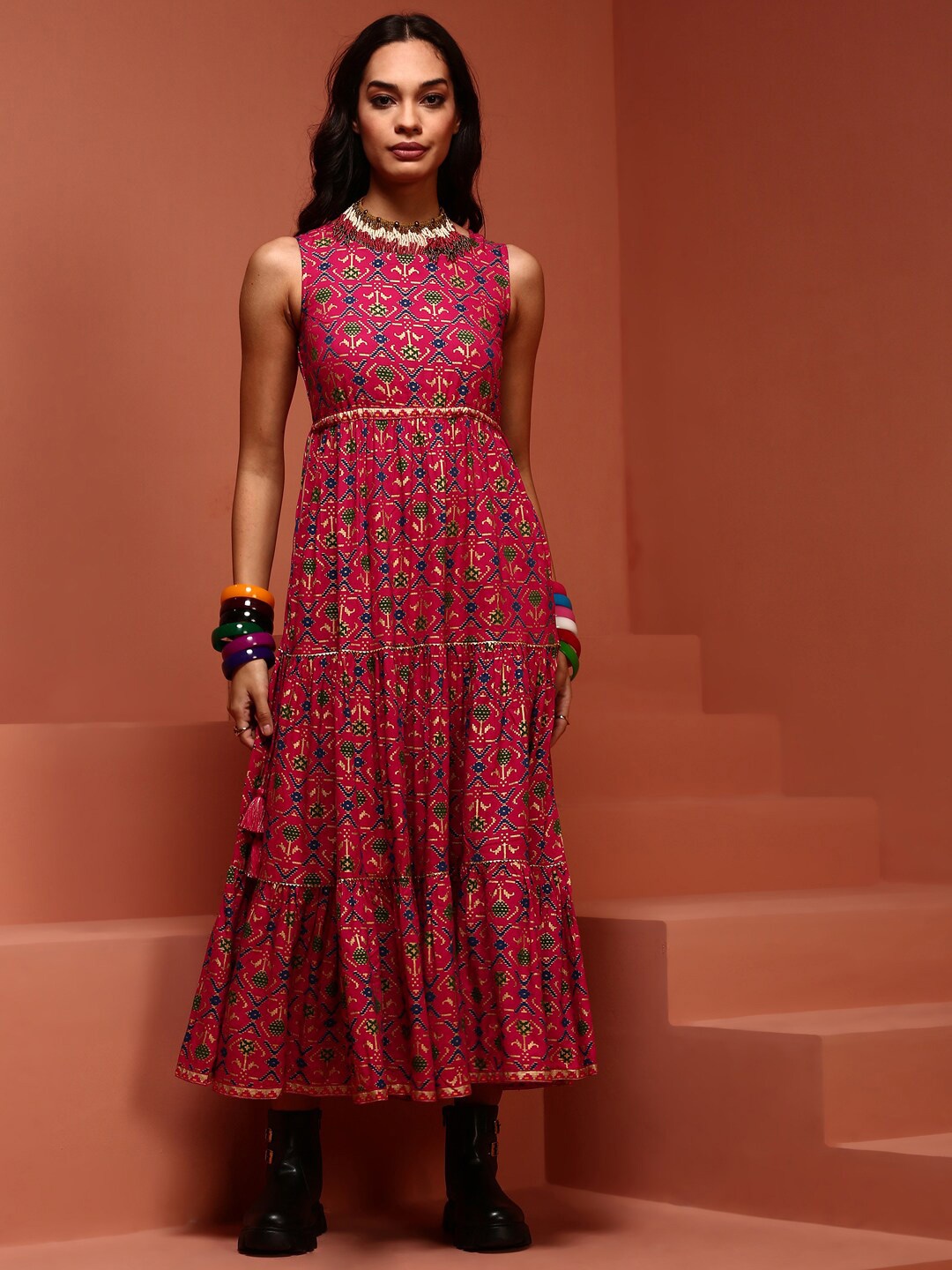 

IMARA Ethnic Motifs Printed Sleeveless Tiered Fit & Flare Midi Dress, Fuchsia