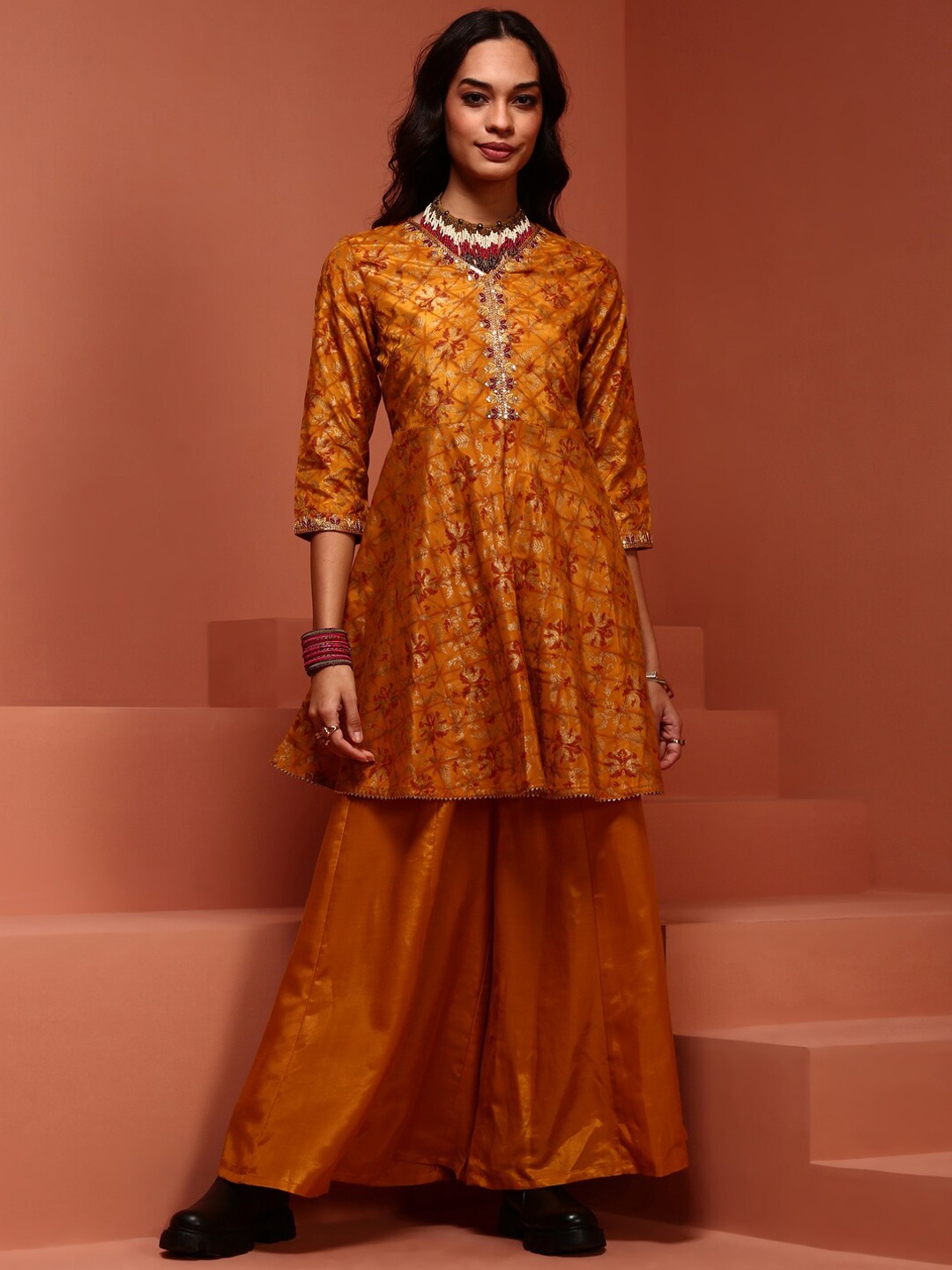 

IMARA Ethnic Motifs Printed Sequinned Detailed A-Line Kurta With Palazzos, Mustard