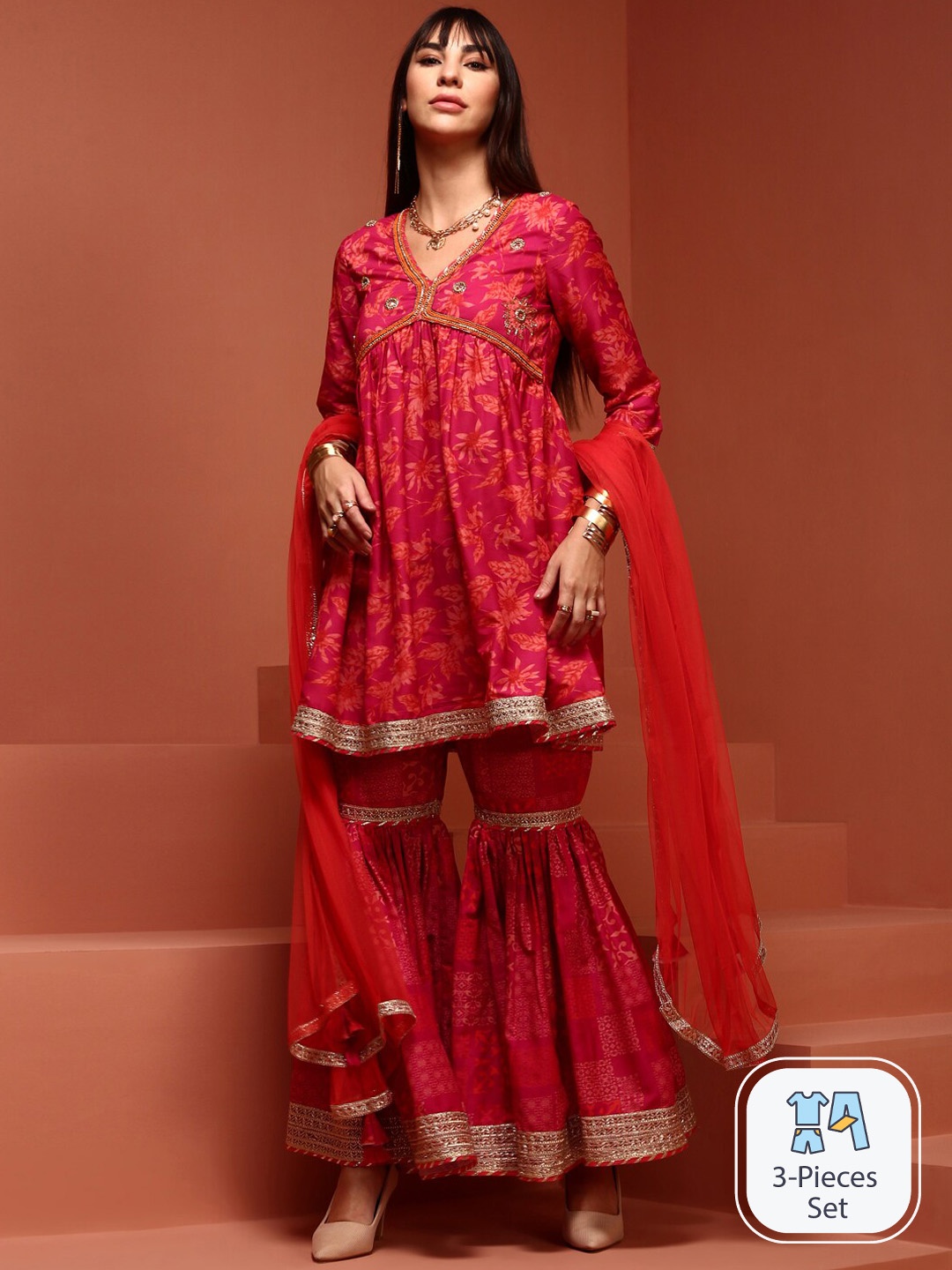 

IMARA Floral Printed Anarkali Kurti & Sharara With Dupatta, Pink