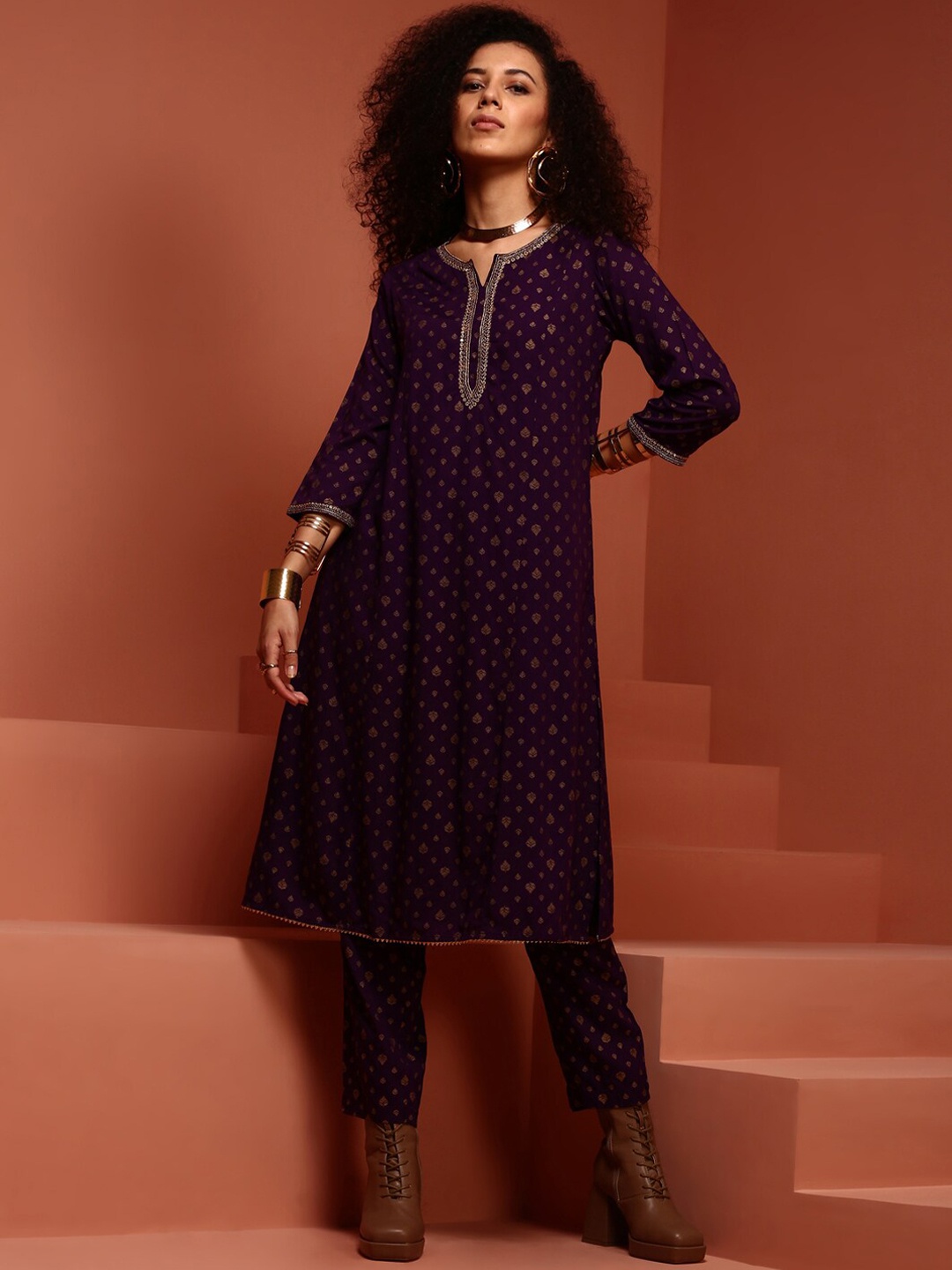 

IMARA Ethnic Motifs Printed Gotta Patti Kurta With Trousers, Purple