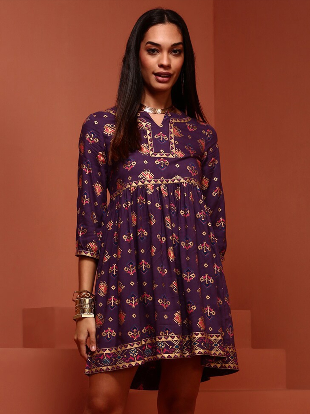 

IMARA Ethnic Motifs Printed Longline Empire Top, Violet