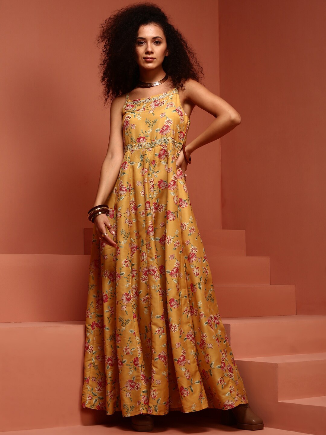 

IMARA Floral Printed Smocked Maxi Ethnic Dress, Yellow