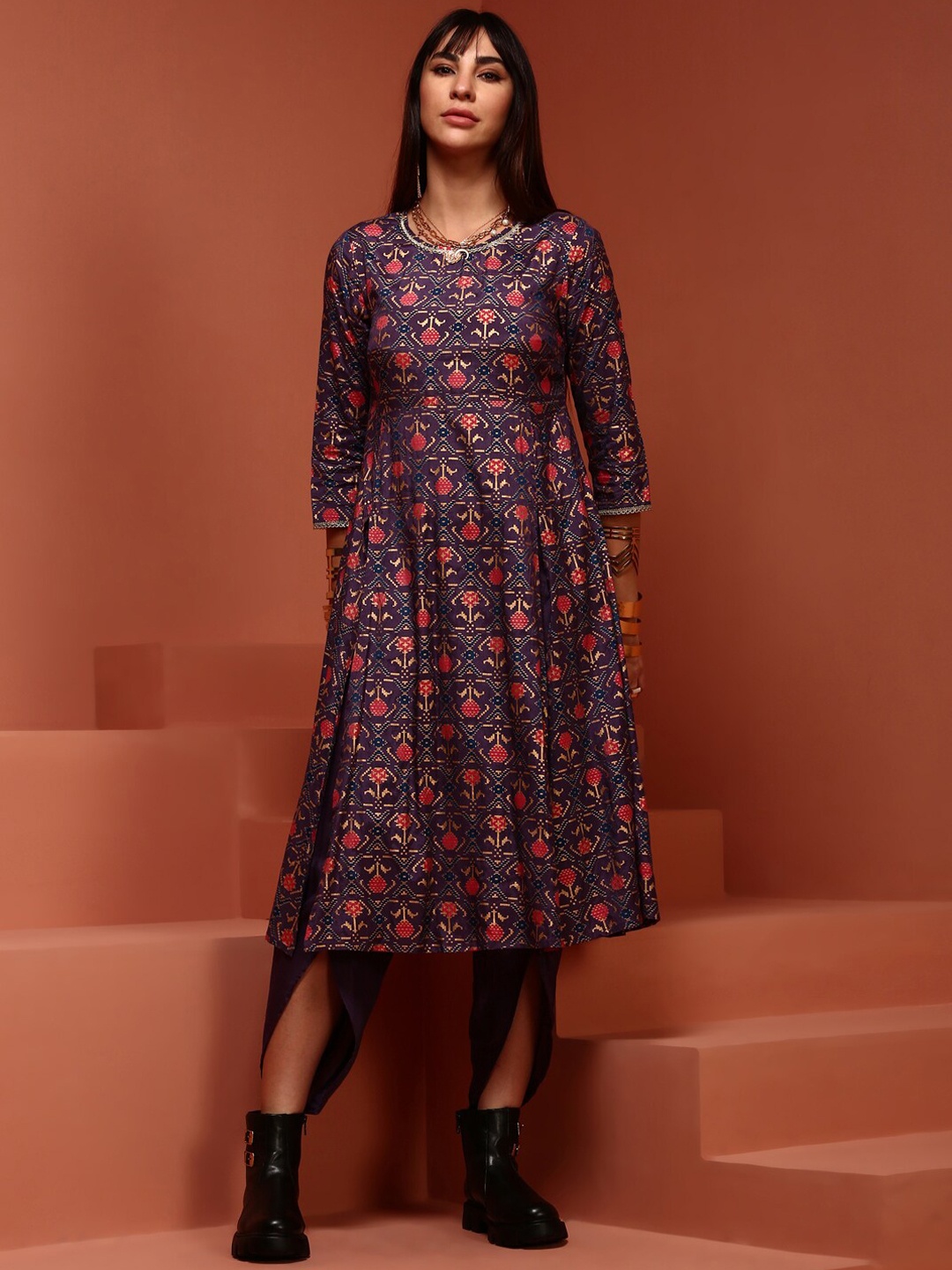 

IMARA Floral Printed Round Neck A-Line Kurta with Dhoti Pants, Purple