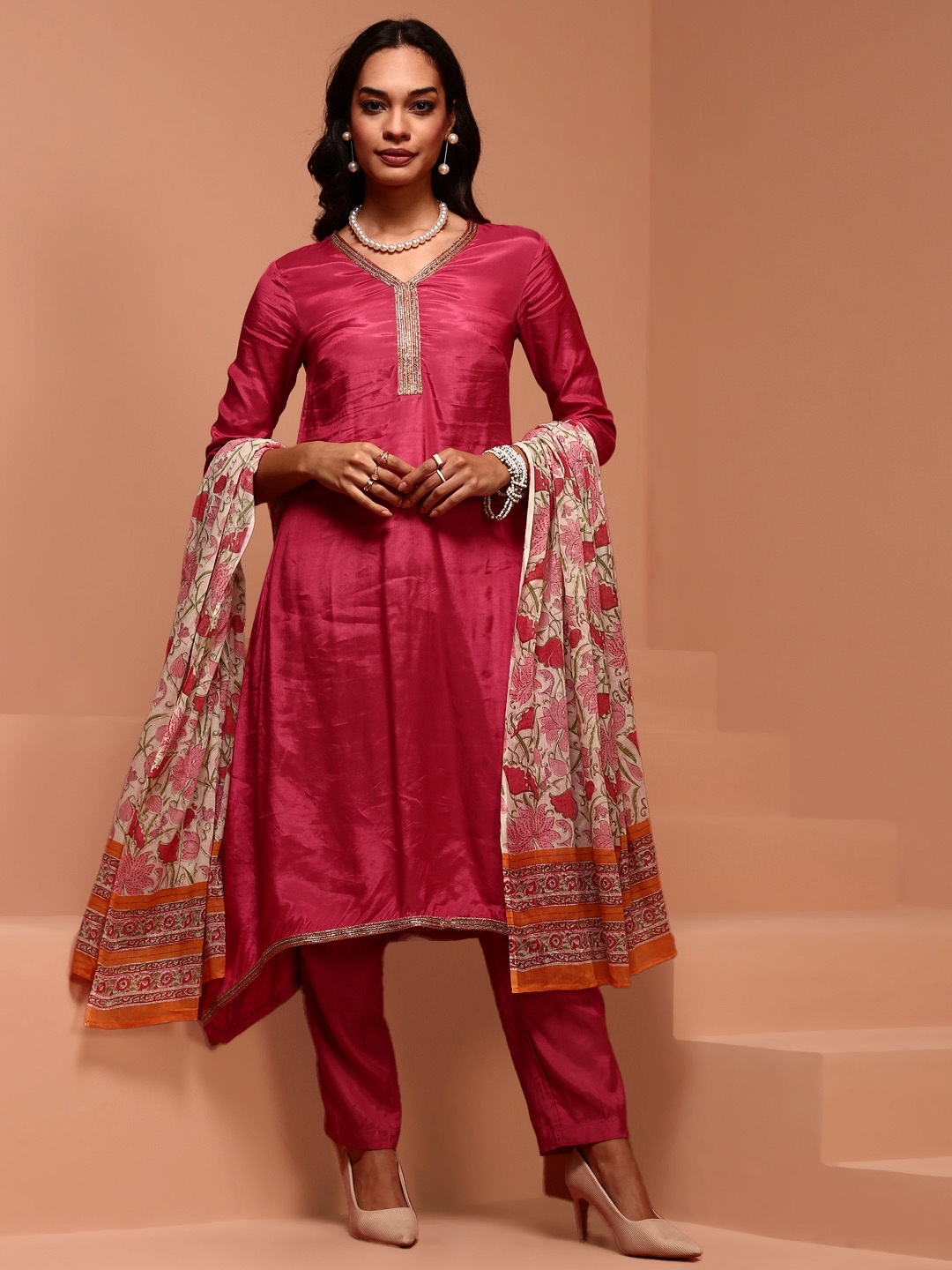

IMARA V-Neck A-Line Kurta & Trousers With Floral Printed Dupatta, Pink