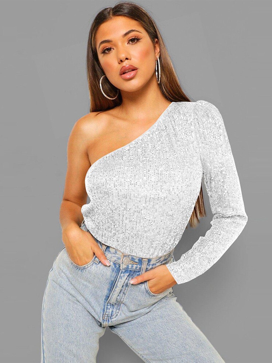 

StyleCast White One Shoulder Embellished Bodysuit