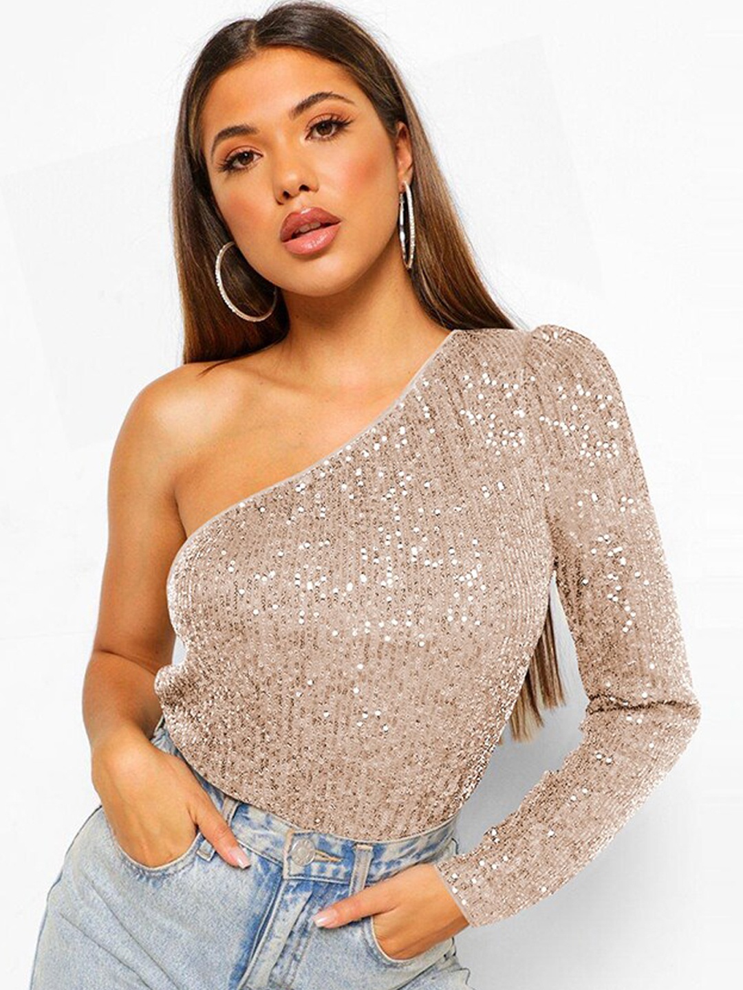 

StyleCast Beige One Shoulder Embellished Bodysuit