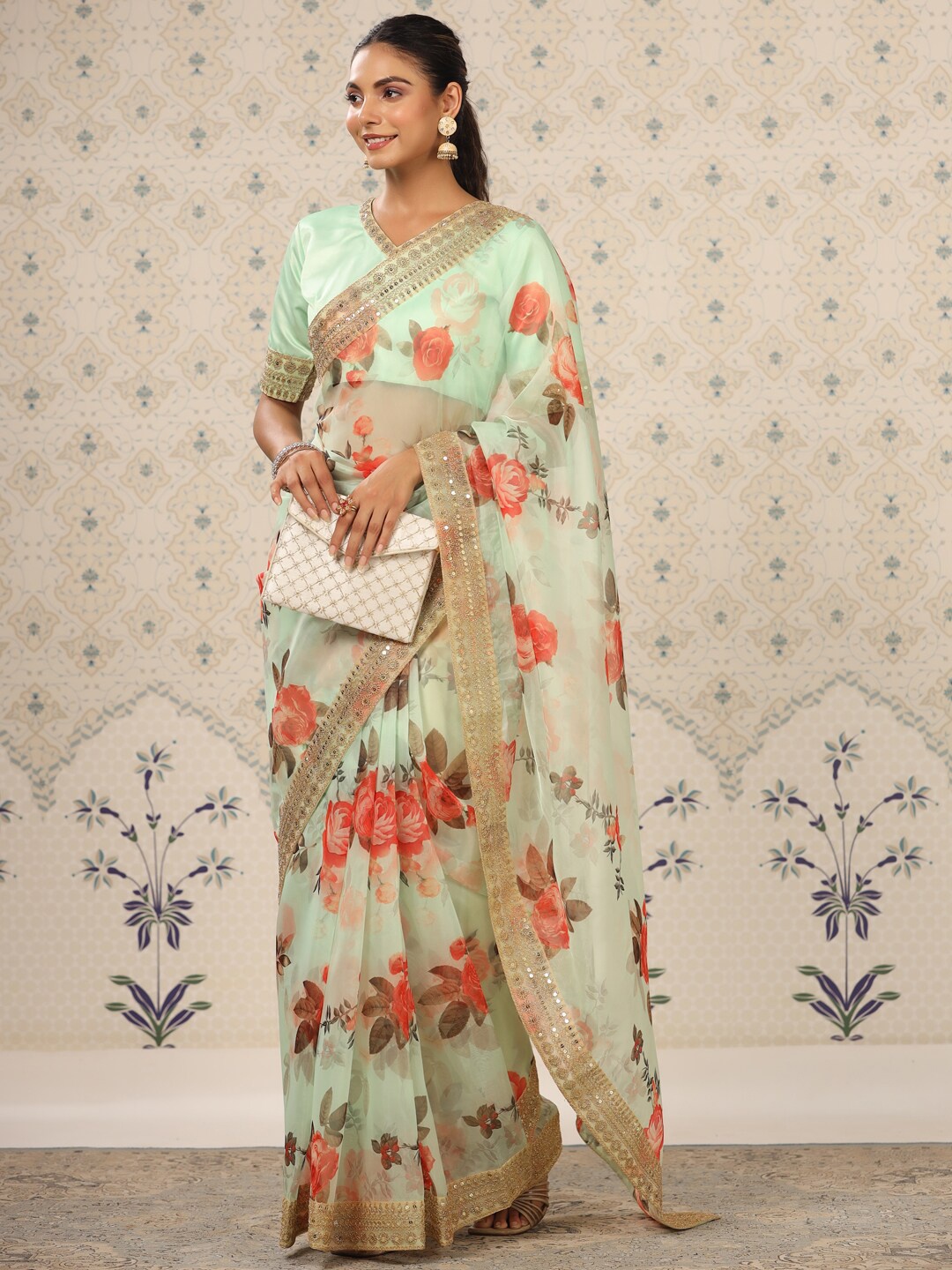 

Ode by House of Pataudi Floral Printed Sequinned Organza Saree, Sea green