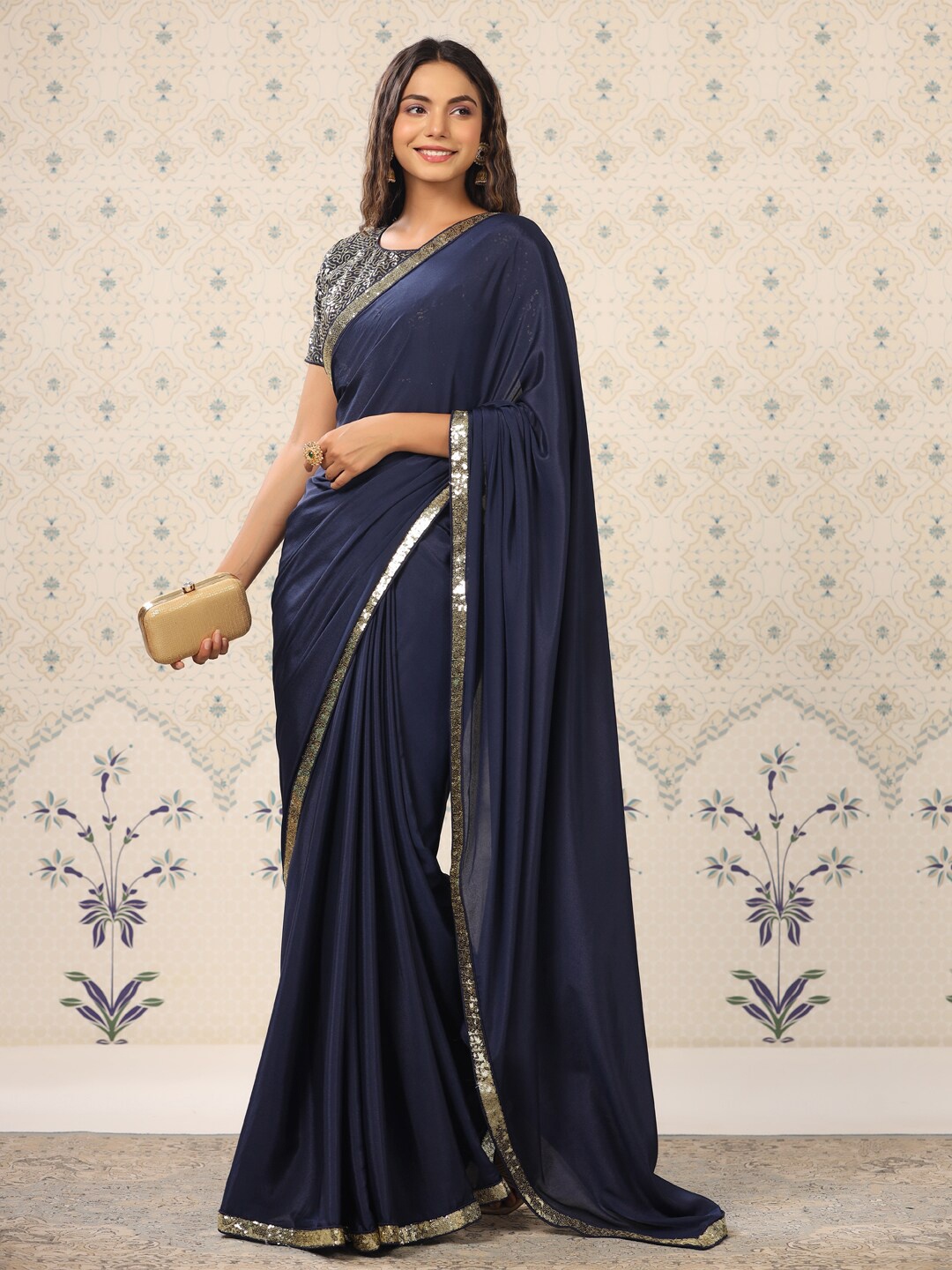 

Ode by House of Pataudi Navy Blue & Gold-Toned Sequinned Pure Crepe Saree