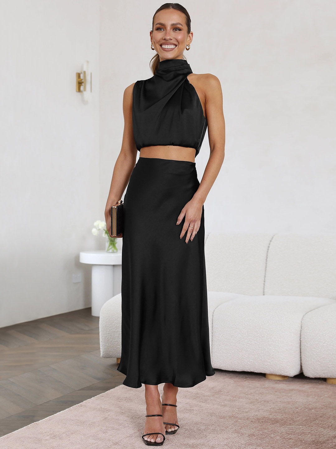 

StyleCast High Neck Crop Top With Maxi Semi-Flared Skirt Co-Ords, Black