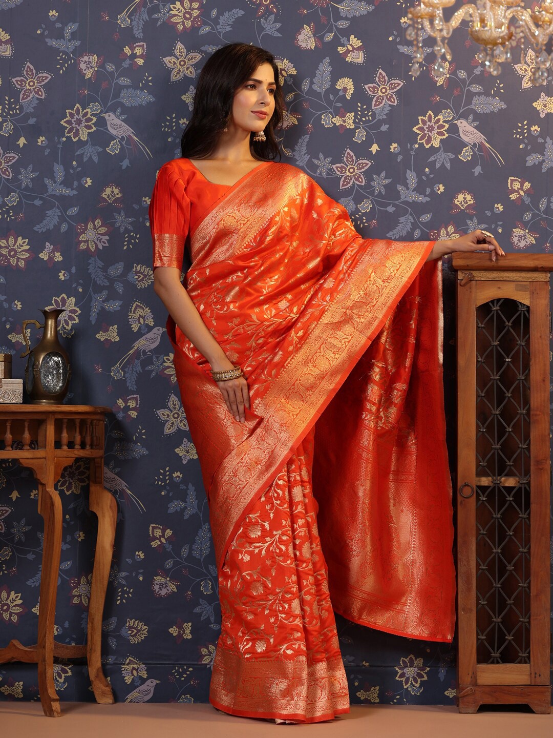 

House of Pataudi Woven Design Pure Silk Saree, Rust