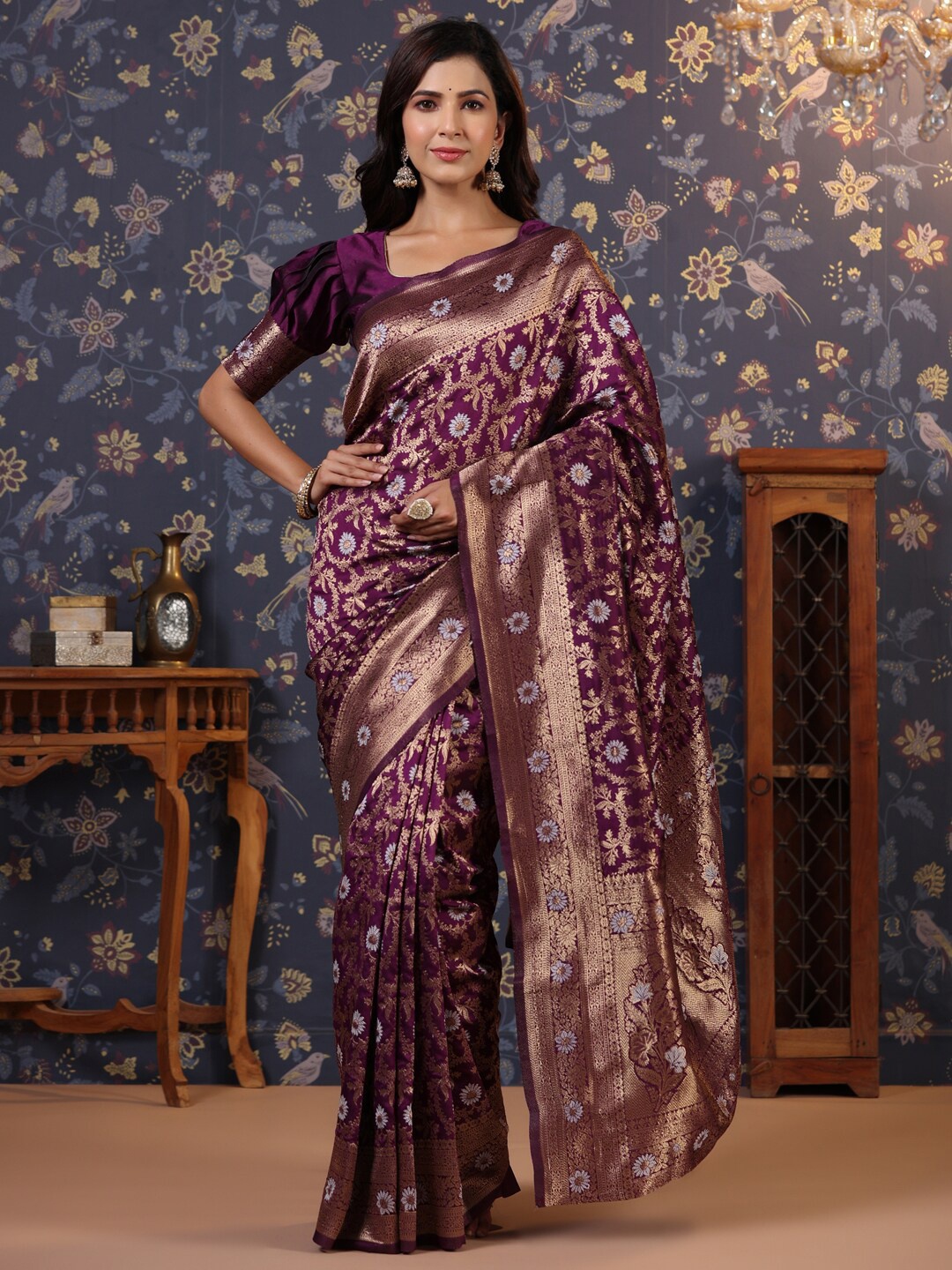 

House of Pataudi Pure Silk Zari Banarasi Saree, Magenta