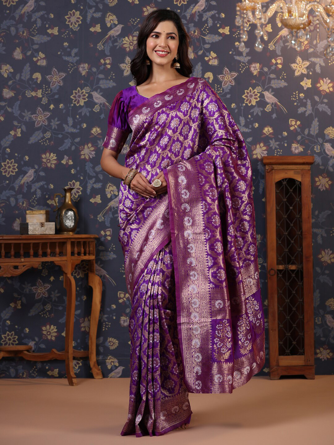 

House of Pataudi Ethnic Motifs Pure Silk Zari Banarasi Saree, Purple