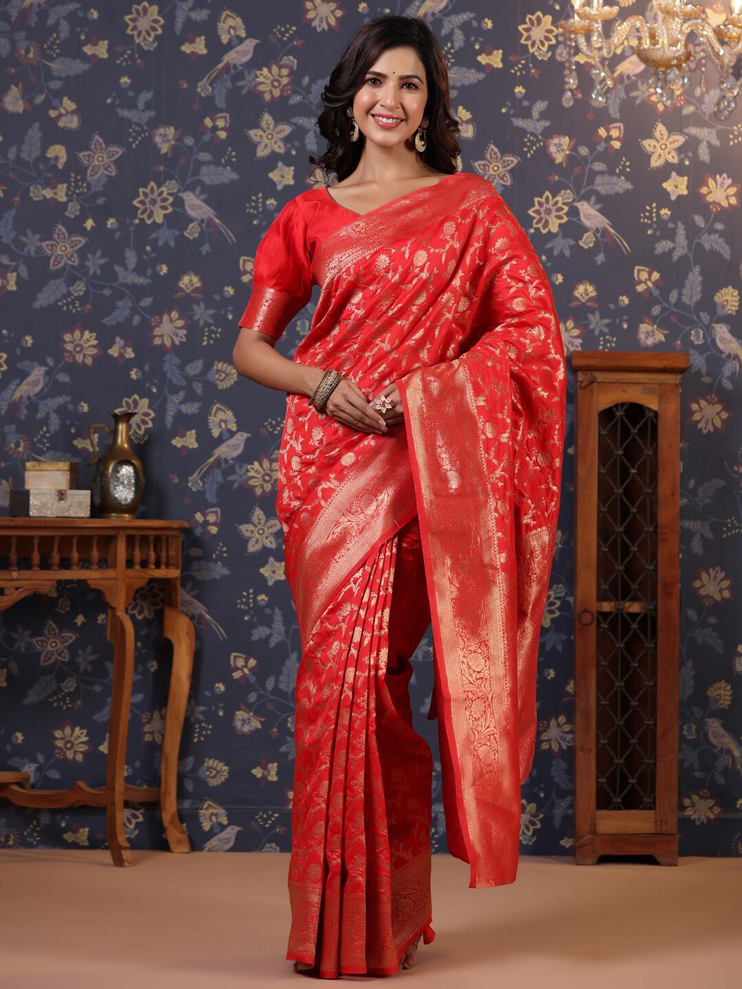

House of Pataudi Woven Design Pure Silk Saree With Blouse Piece, Red