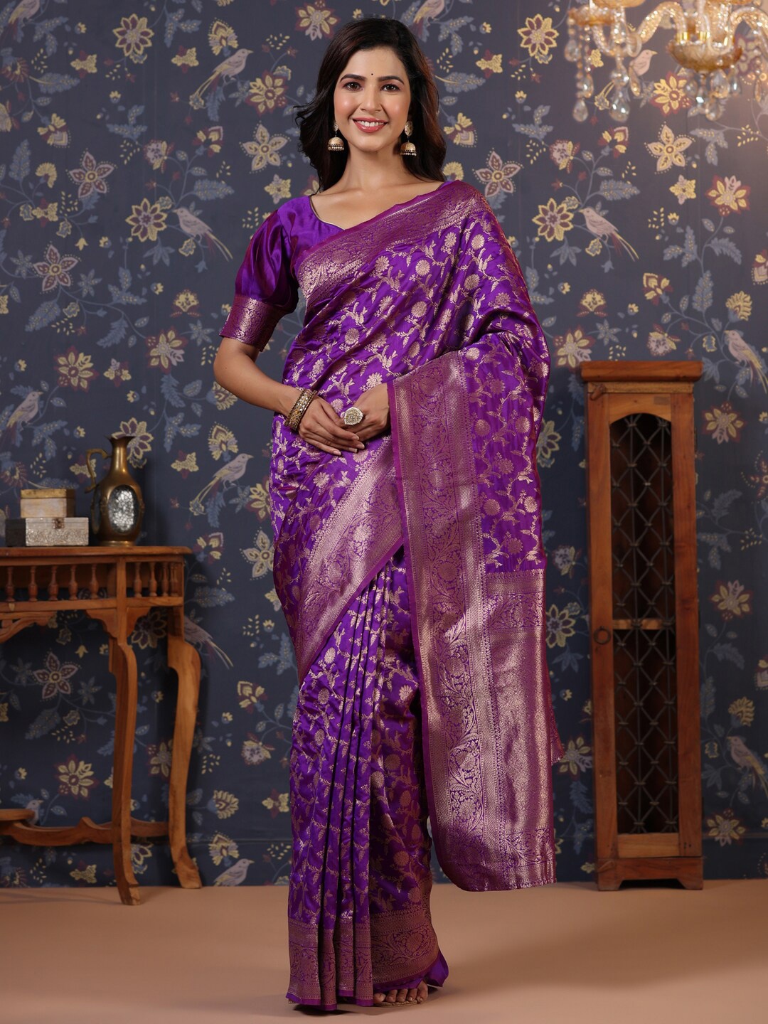 

House of Pataudi Floral Pure Silk Zari Banarasi Saree, Purple