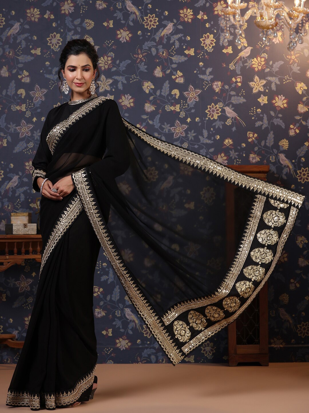 

House of Pataudi Embroidered Border Detail Saree With Blouse Piece, Black